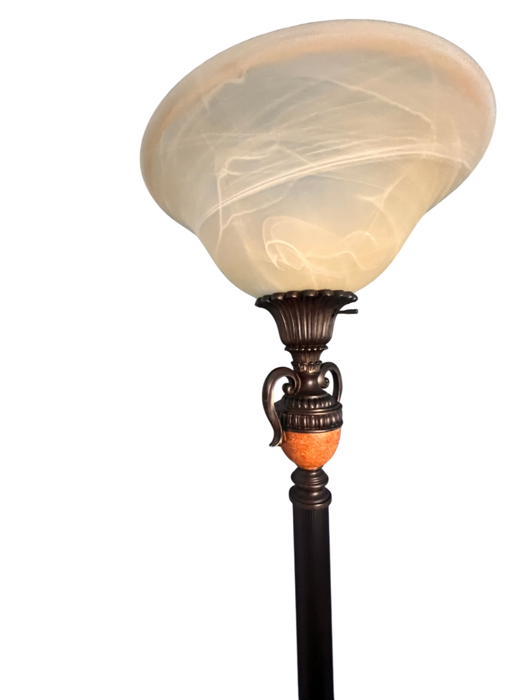 Neoclassical Torchiere Floor Lamp (Bronze & Faux Marble, Swirl Glass Shade)