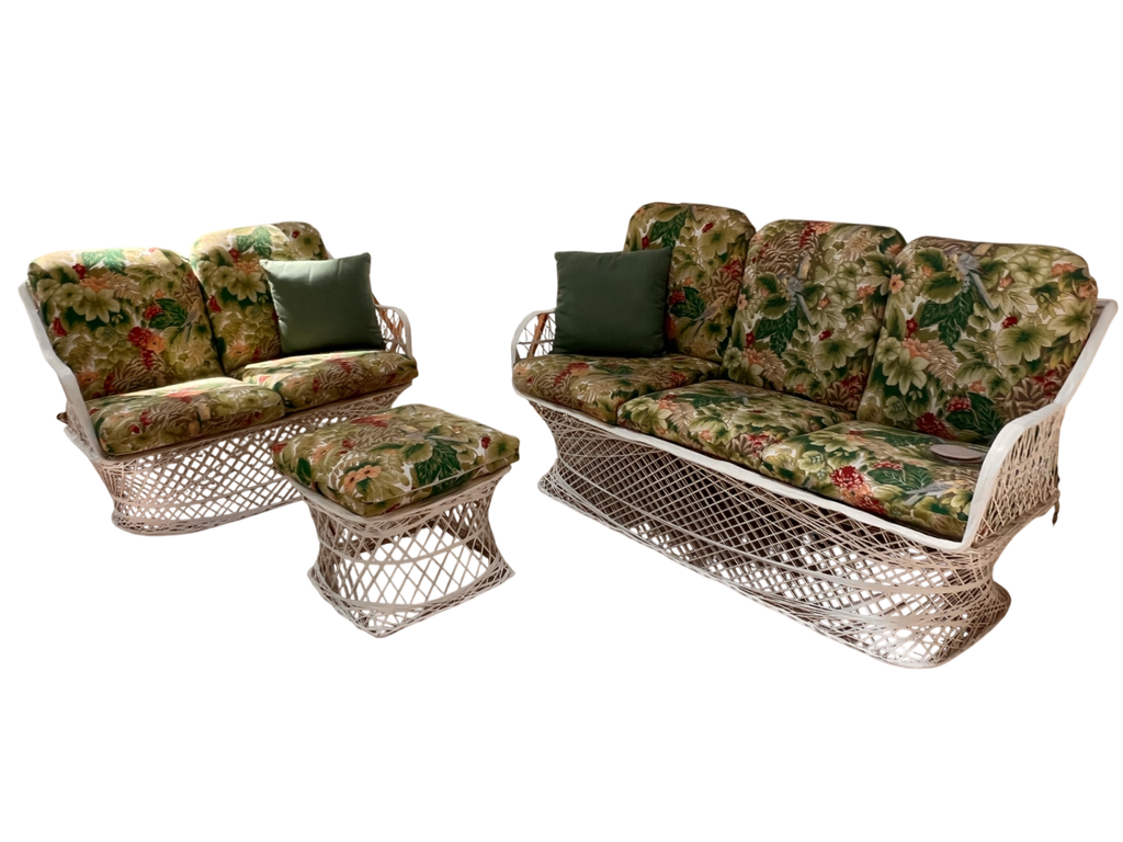 Vintage Faux-Rattan 4-Piece Patio/Sunroom Furniture Set – Metal Base, Tropical Cushions