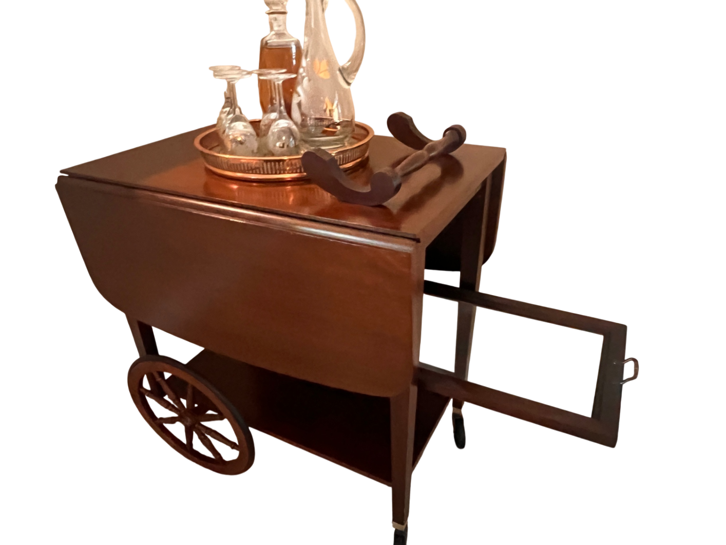 Mid-Century Wooden Drop-Leaf Bar Cart with Spoke Wagon Wheels