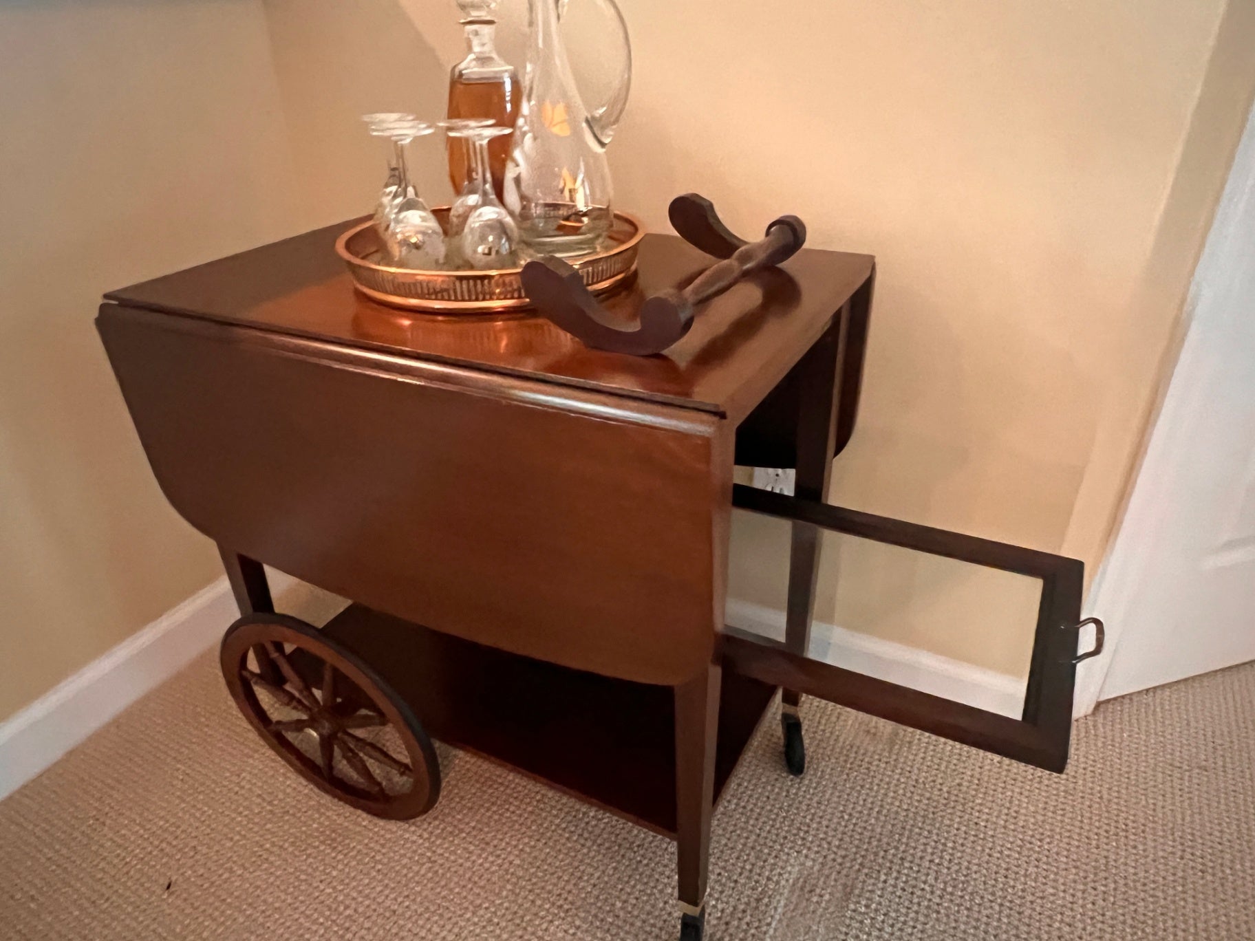 Mid-Century Wooden Drop-Leaf Bar Cart with Spoke Wagon Wheels