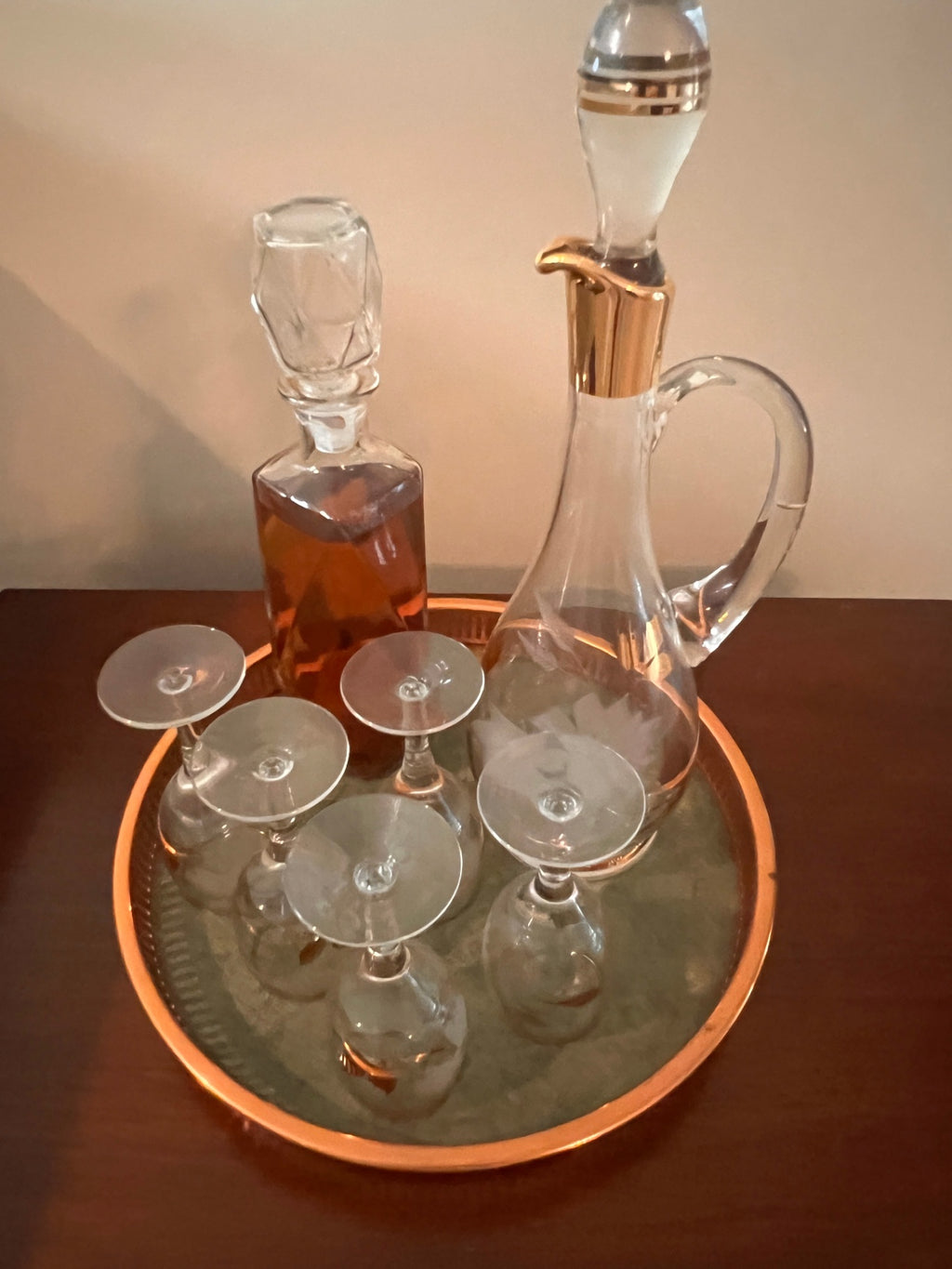 Gold Rim Crystal Decanter & Cordial Glasses Set