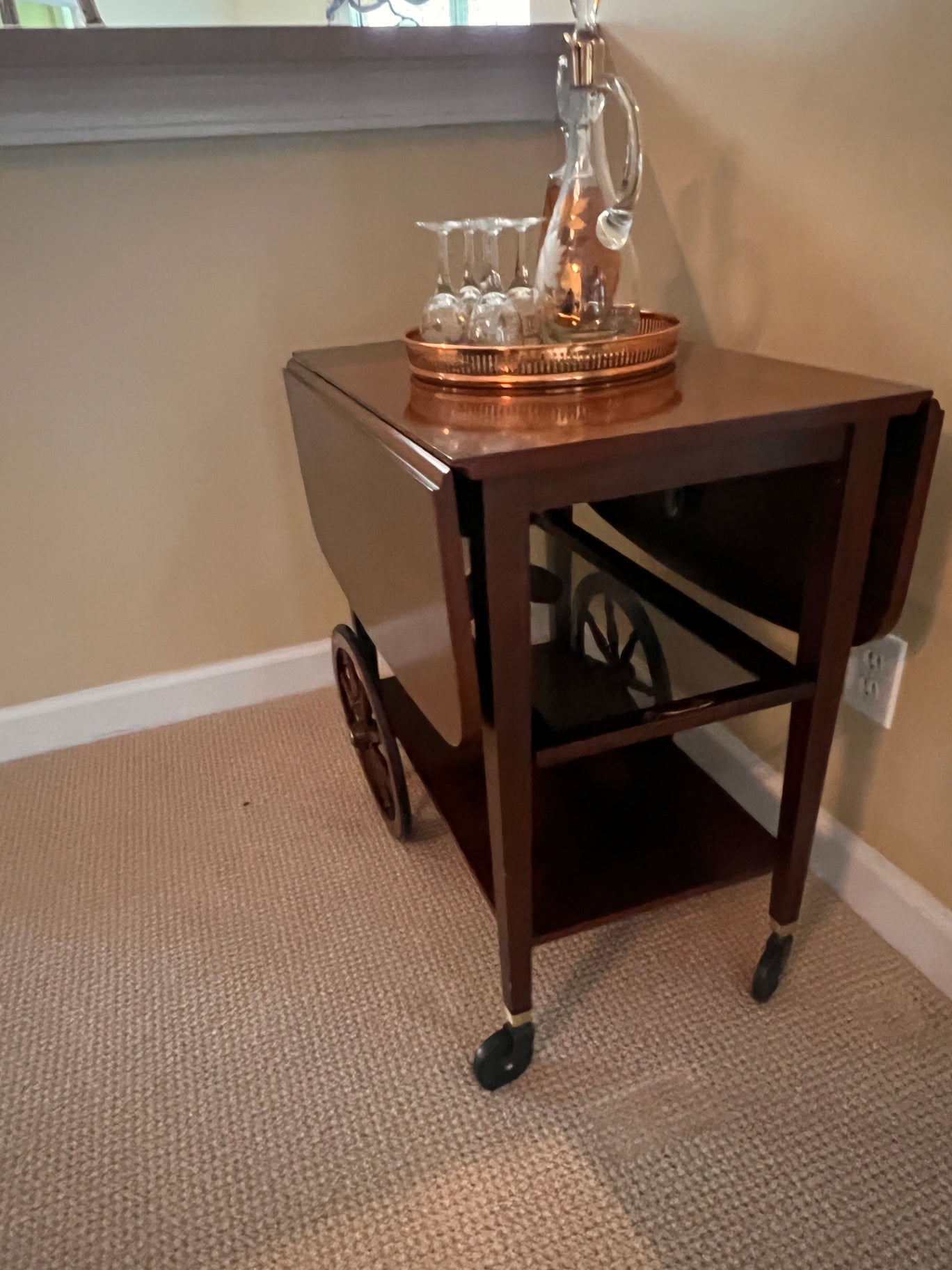 Mid-Century Wooden Drop-Leaf Bar Cart with Spoke Wagon Wheels