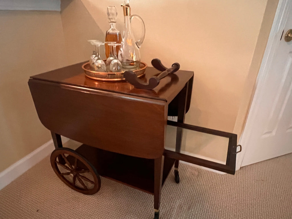 Mid-Century Wooden Drop-Leaf Bar Cart with Spoke Wagon Wheels