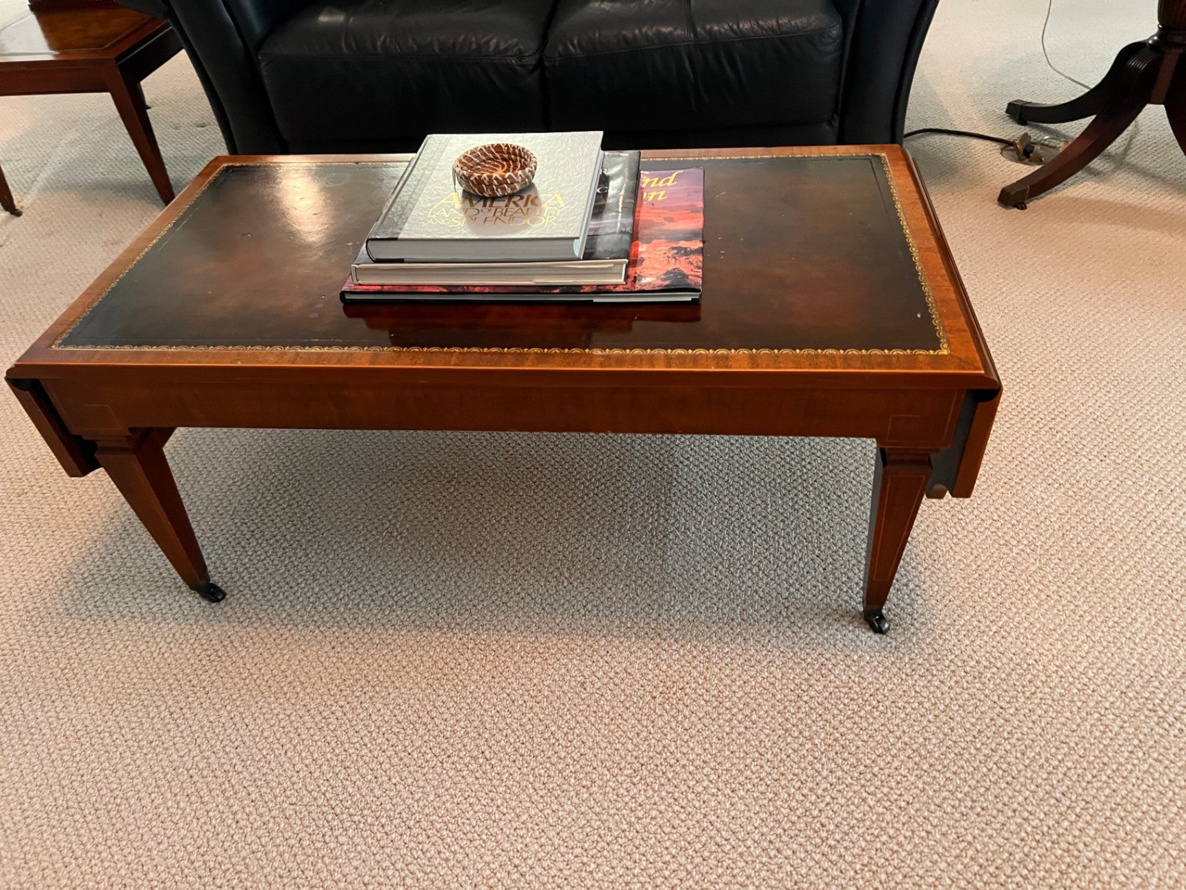 Leather-Top Coffee Table with Gold Tooling and Brass Casters