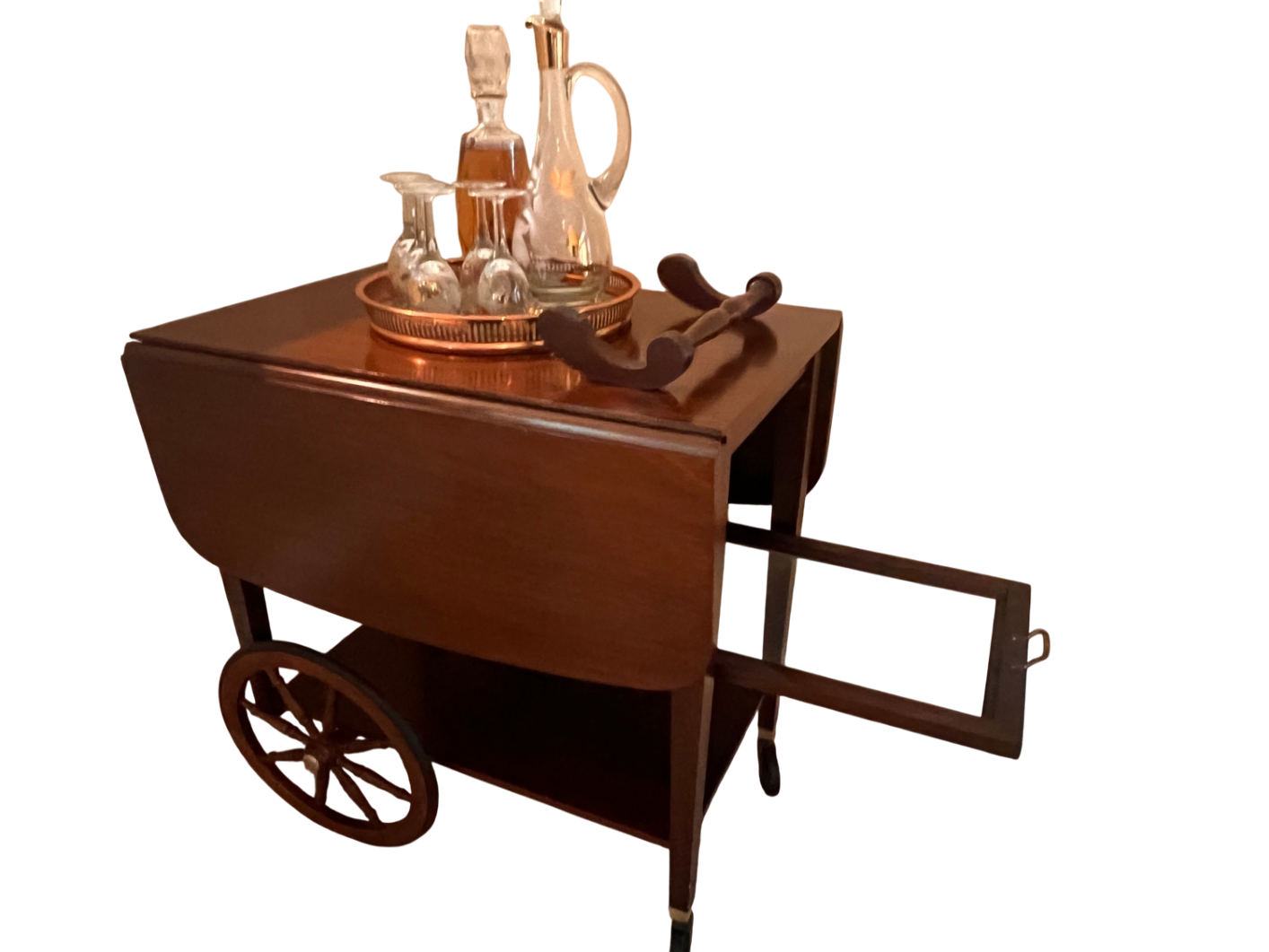 Mid-Century Wooden Drop-Leaf Bar Cart with Spoke Wagon Wheels