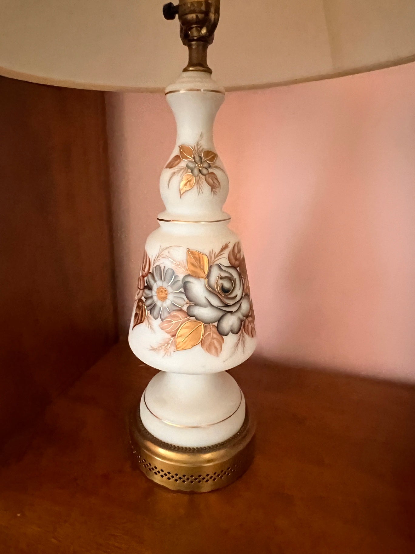 1960s–70s Ceramic Floral Table Lamp w/ Gold Trim