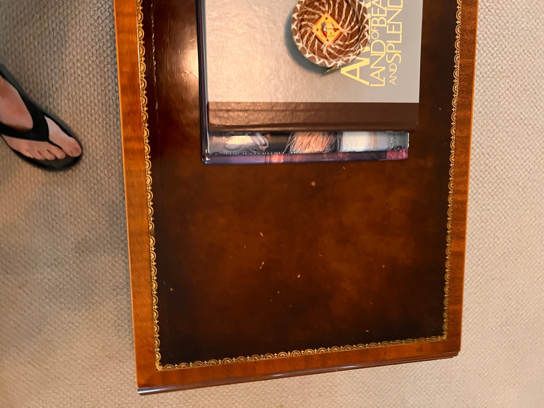 Leather-Top Coffee Table with Gold Tooling and Brass Casters