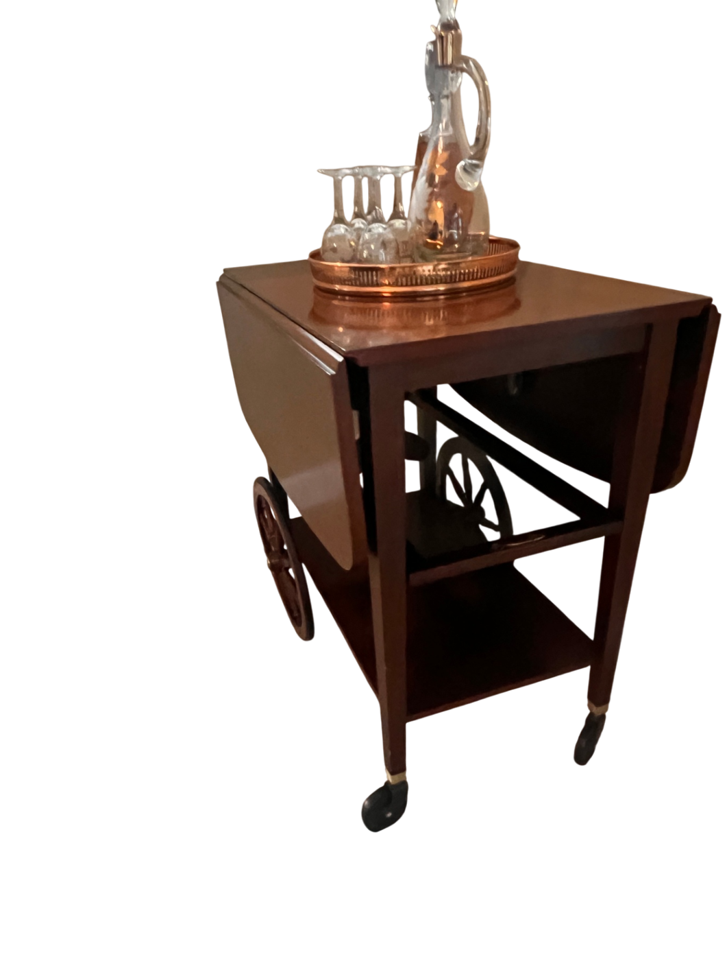 Mid-Century Wooden Drop-Leaf Bar Cart with Spoke Wagon Wheels
