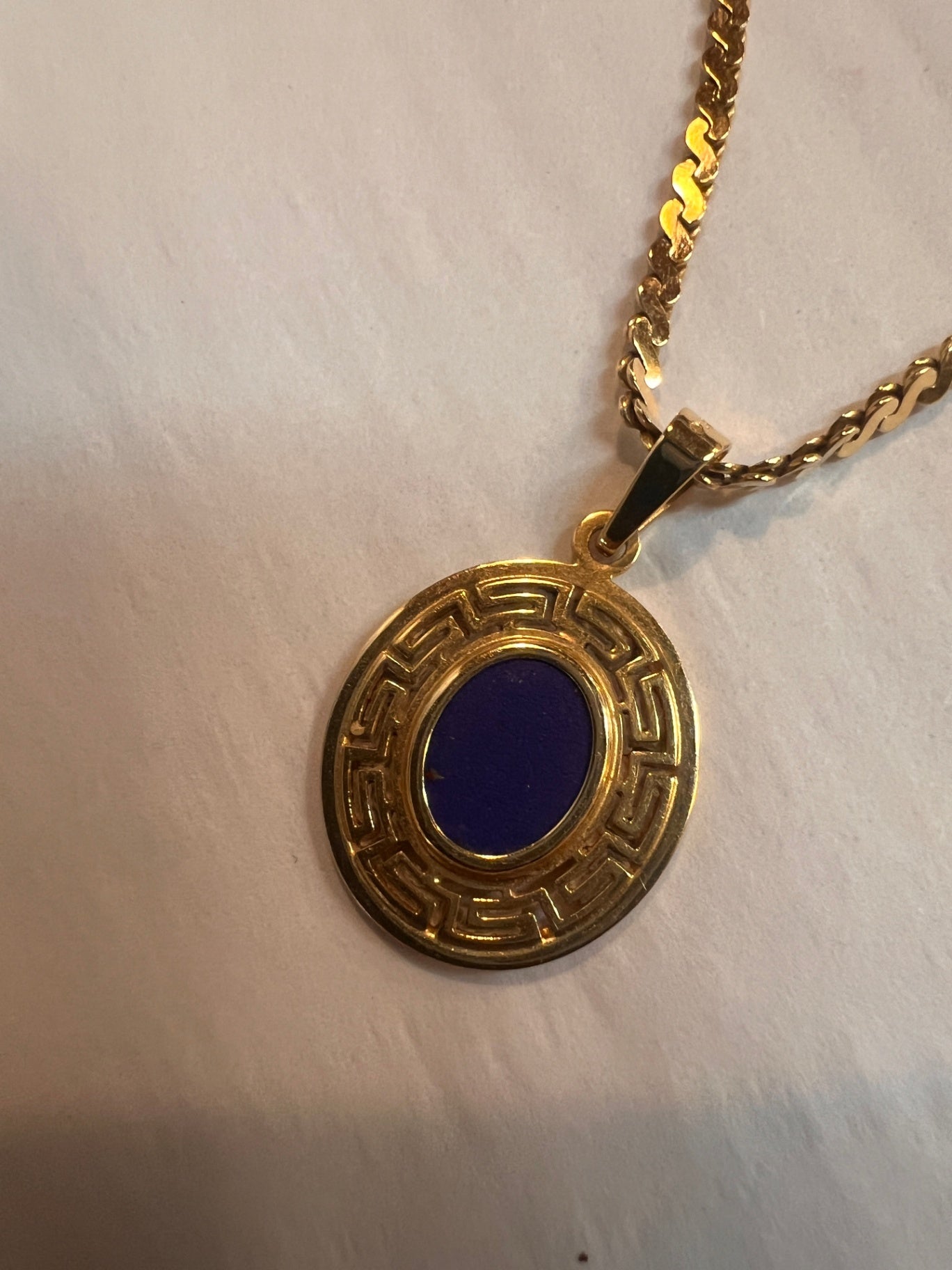 14K Gold Medallion Necklace w/ Greek Key Design & Lapis-Style Inset – 9.6g