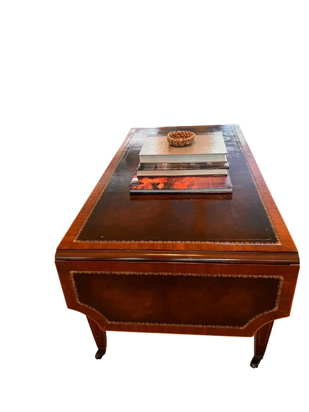 Leather-Top Coffee Table with Gold Tooling and Brass Casters
