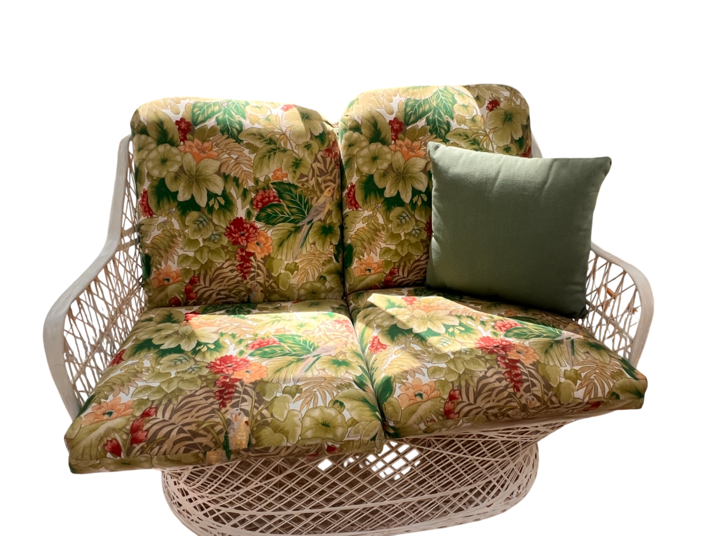 Vintage Faux-Rattan 4-Piece Patio/Sunroom Furniture Set – Metal Base, Tropical Cushions