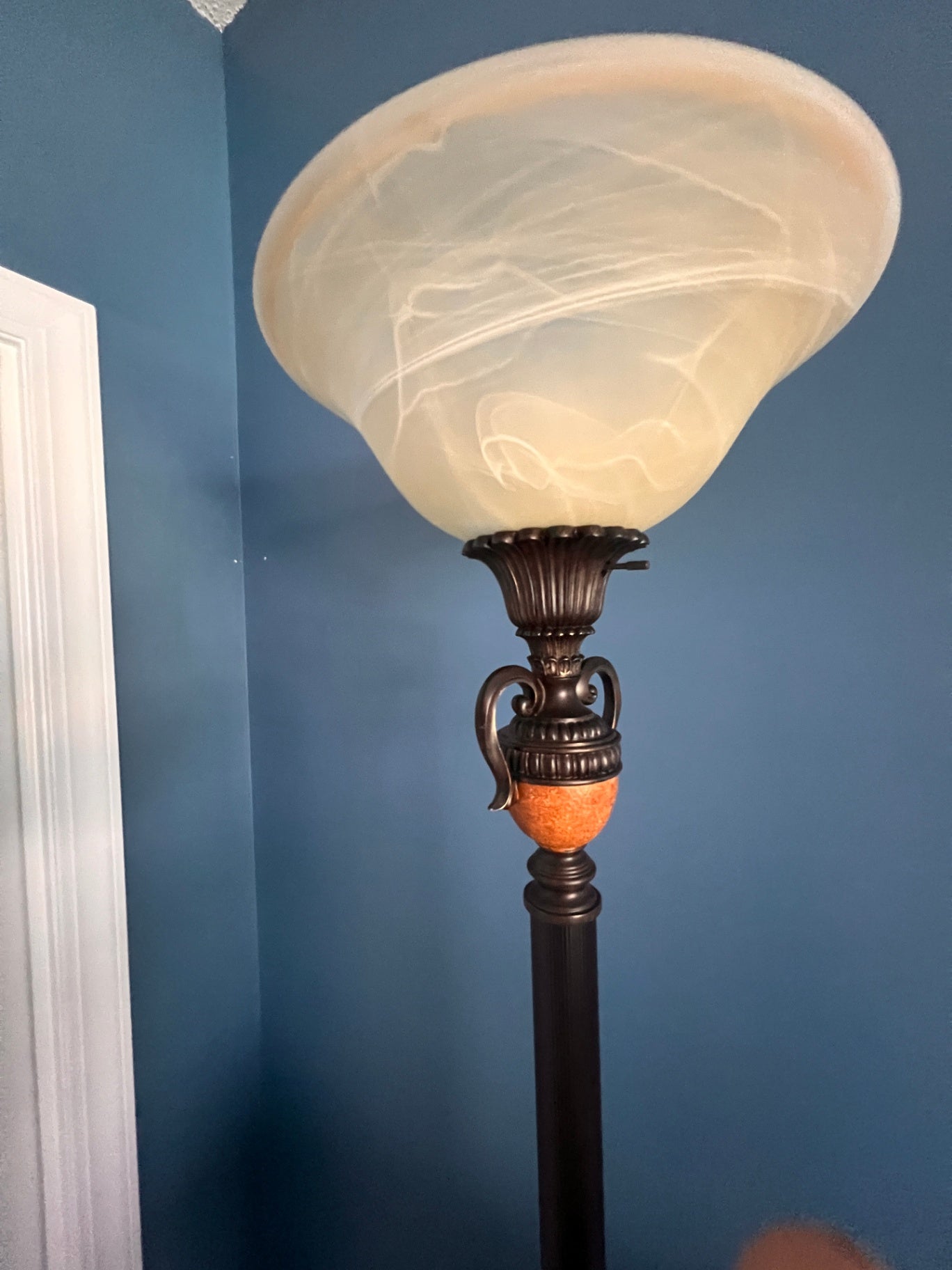 Neoclassical Torchiere Floor Lamp (Bronze & Faux Marble, Swirl Glass Shade)