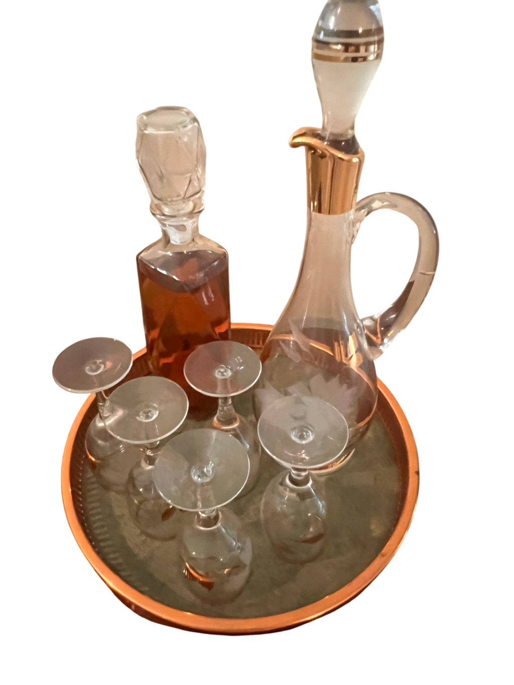 Gold Rim Crystal Decanter & Cordial Glasses Set