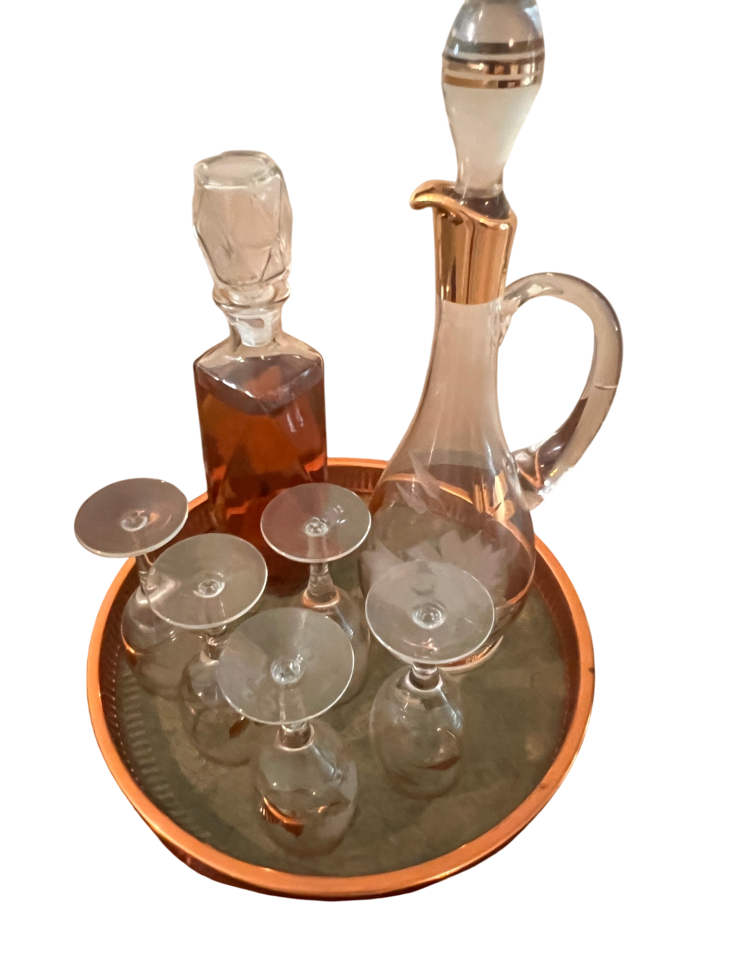 Gold Rim Crystal Decanter & Cordial Glasses Set