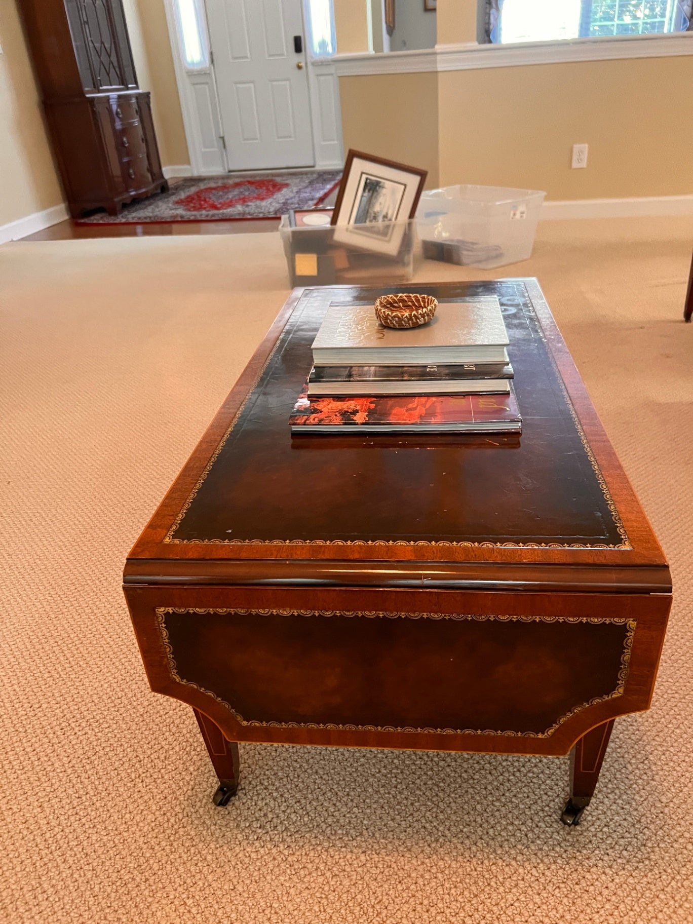 Leather-Top Coffee Table with Gold Tooling and Brass Casters