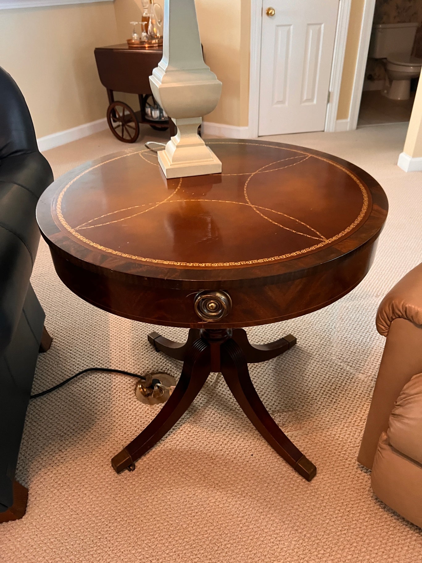 Round Leather-Top Drum Table (Federal or Regency style)