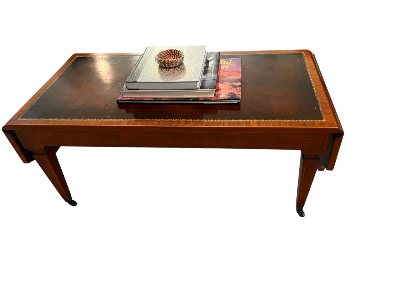 Leather-Top Coffee Table with Gold Tooling and Brass Casters