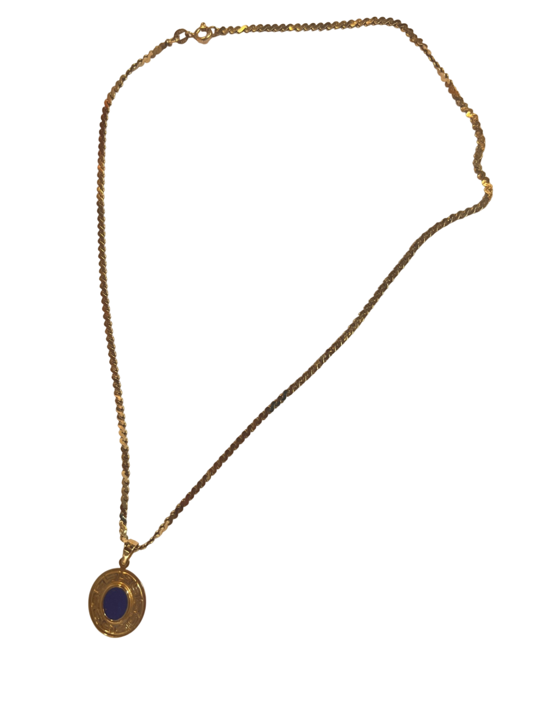 14K Gold Medallion Necklace w/ Greek Key Design & Lapis-Style Inset – 9.6g