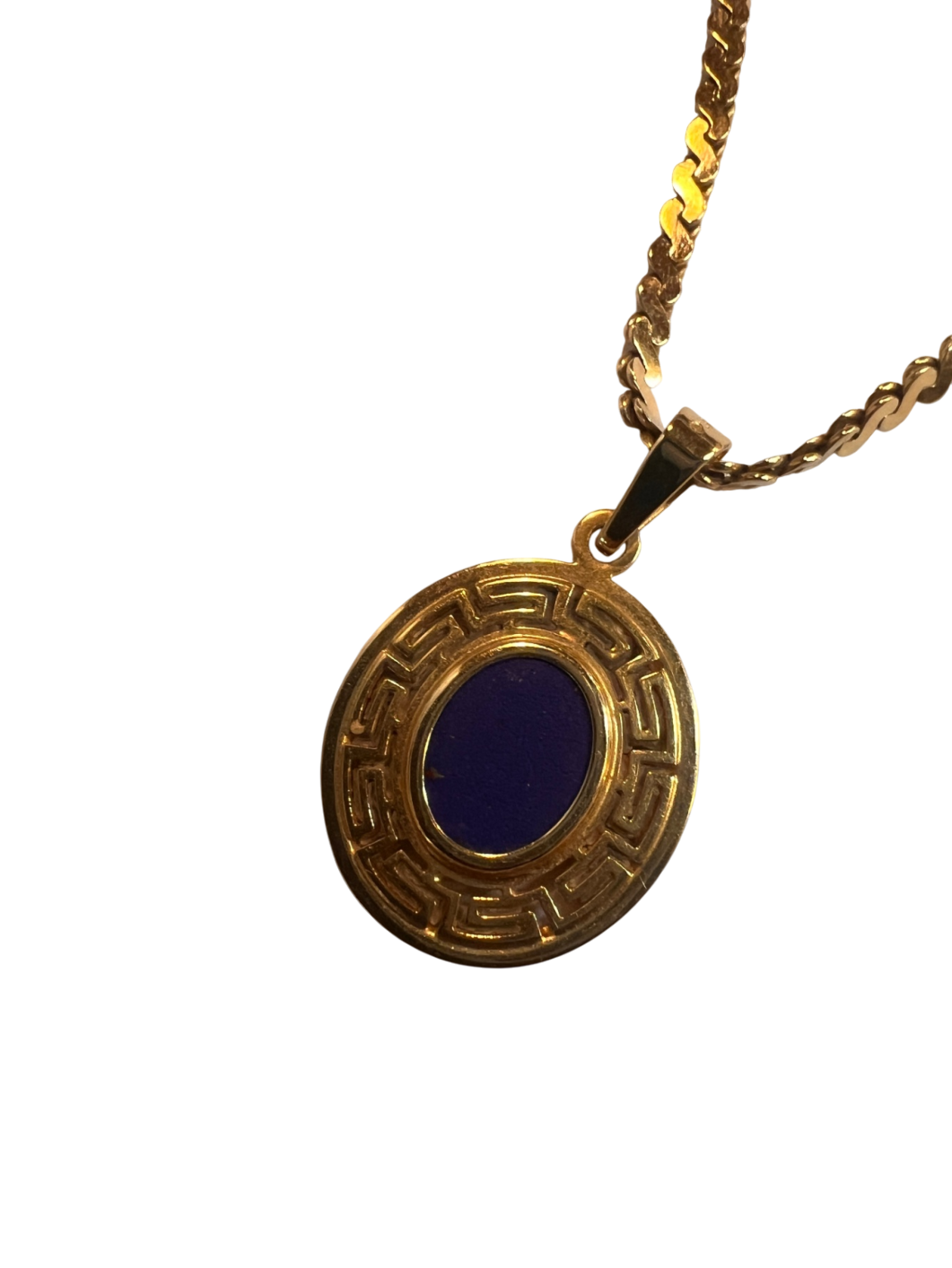 14K Gold Medallion Necklace w/ Greek Key Design & Lapis-Style Inset – 9.6g