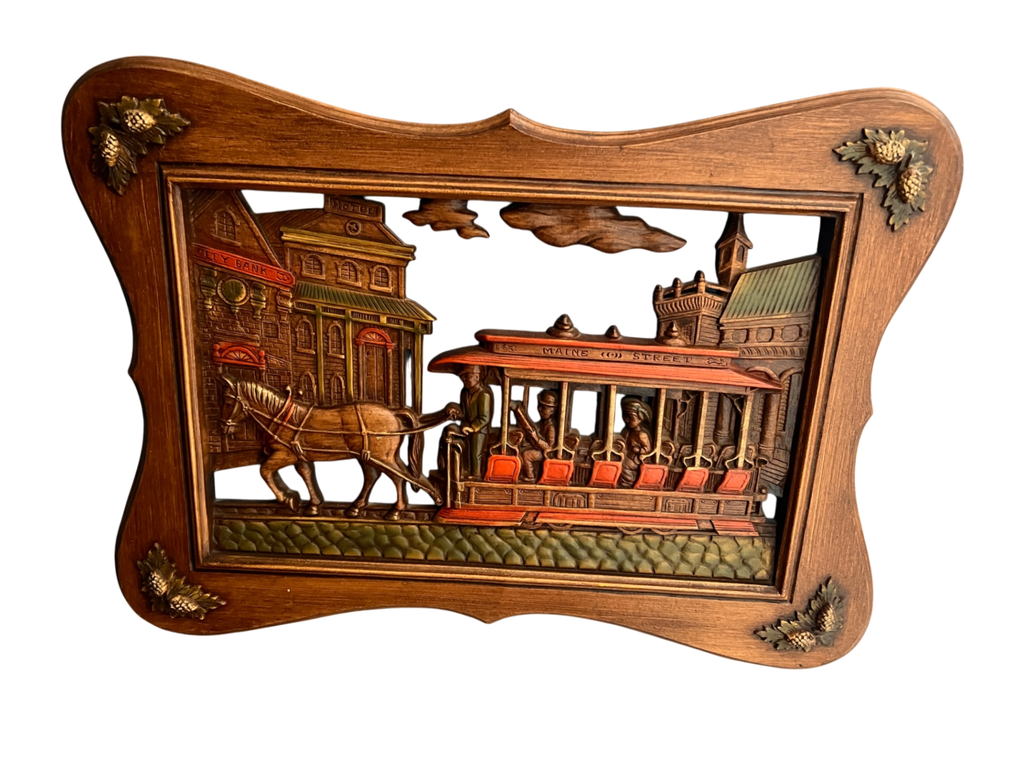 Vintage Burwood “Main Street Horse-Drawn Streetcar” Wall Plaque (USA, 1970s–80s)