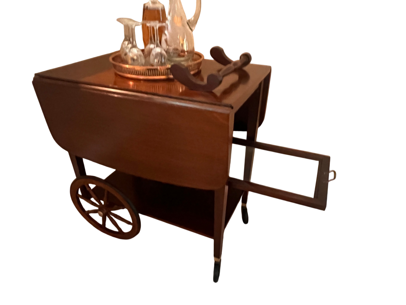 Mid-Century Wooden Drop-Leaf Bar Cart with Spoke Wagon Wheels