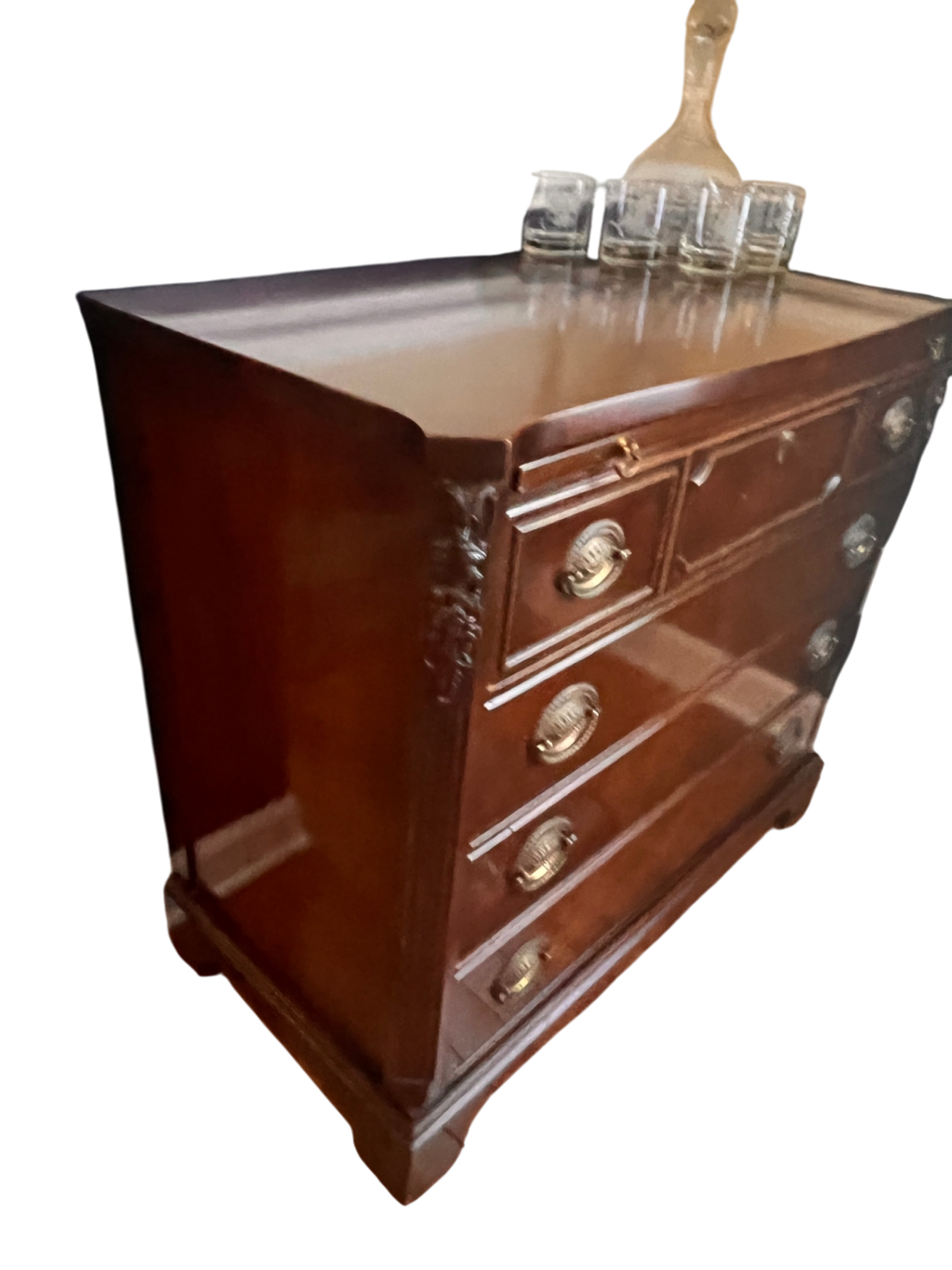 Vintage Mahogany Bachelor's Chest w/ Pull-Out Tray & Brass Hardware