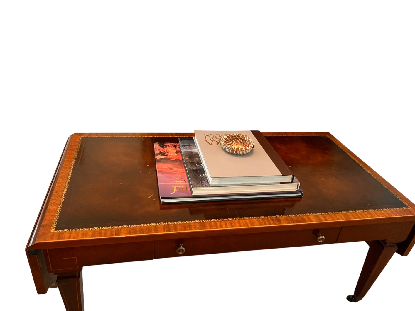 Leather-Top Coffee Table with Gold Tooling and Brass Casters