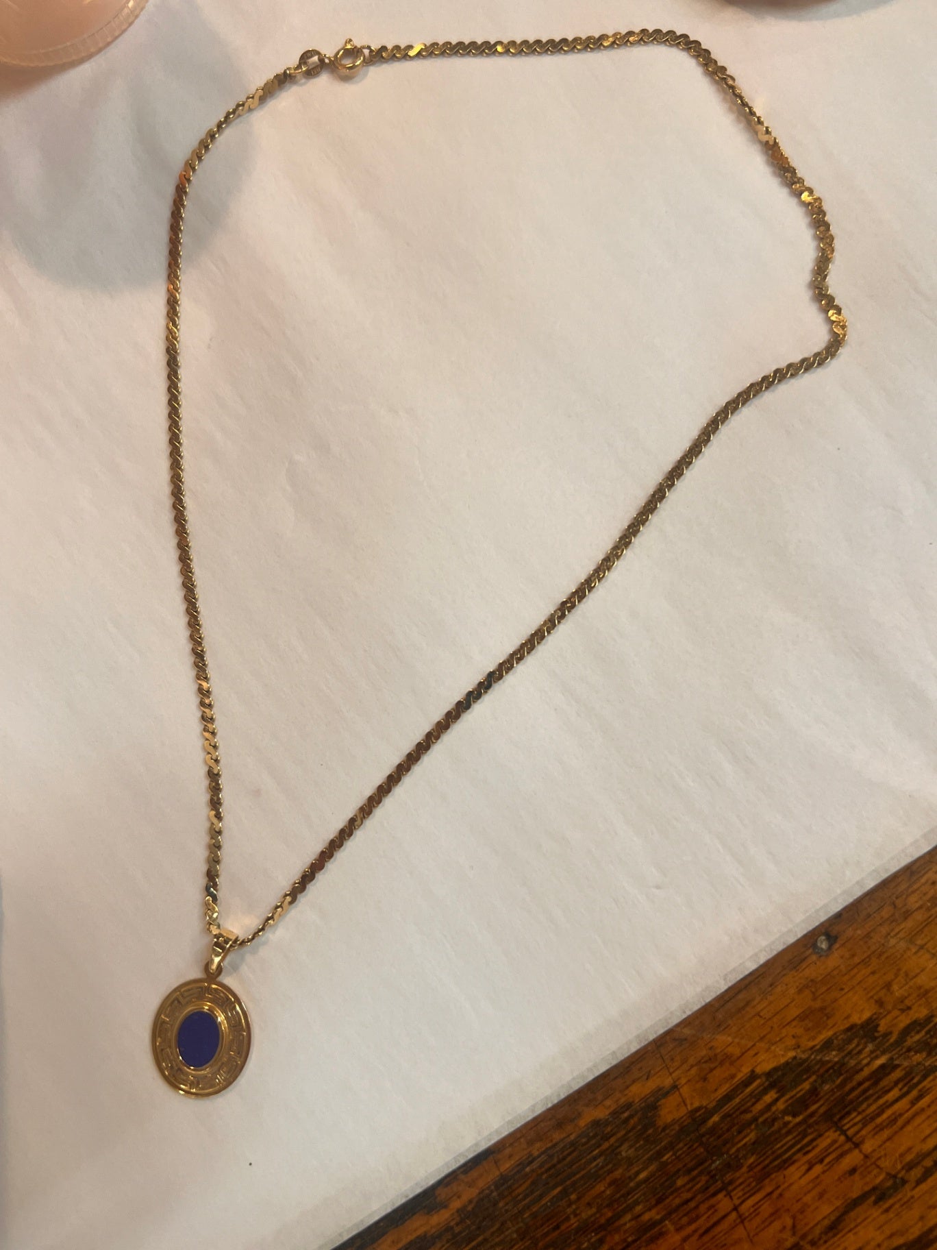 14K Gold Medallion Necklace w/ Greek Key Design & Lapis-Style Inset – 9.6g