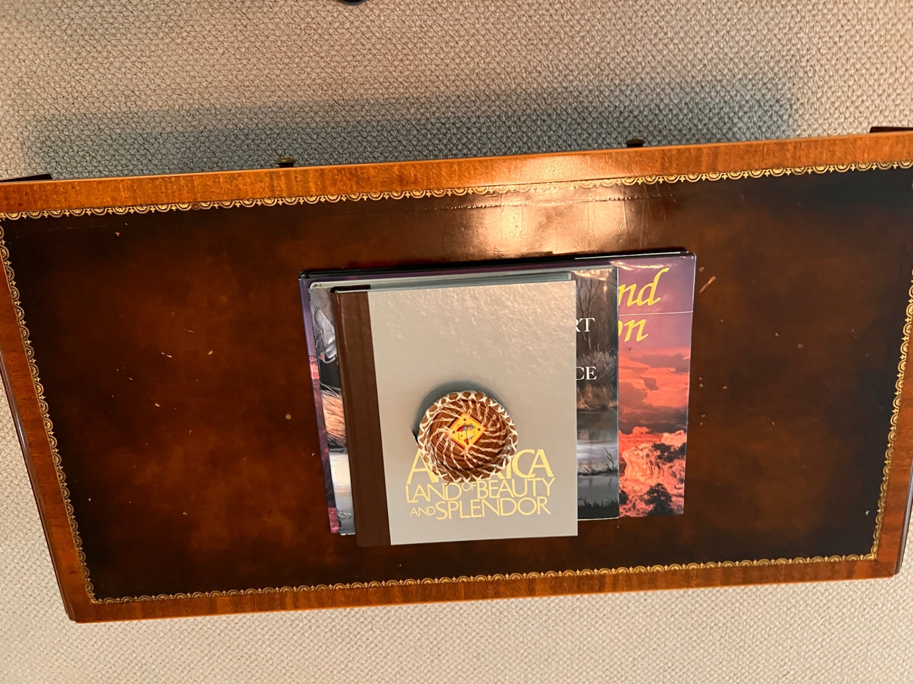 Leather-Top Coffee Table with Gold Tooling and Brass Casters