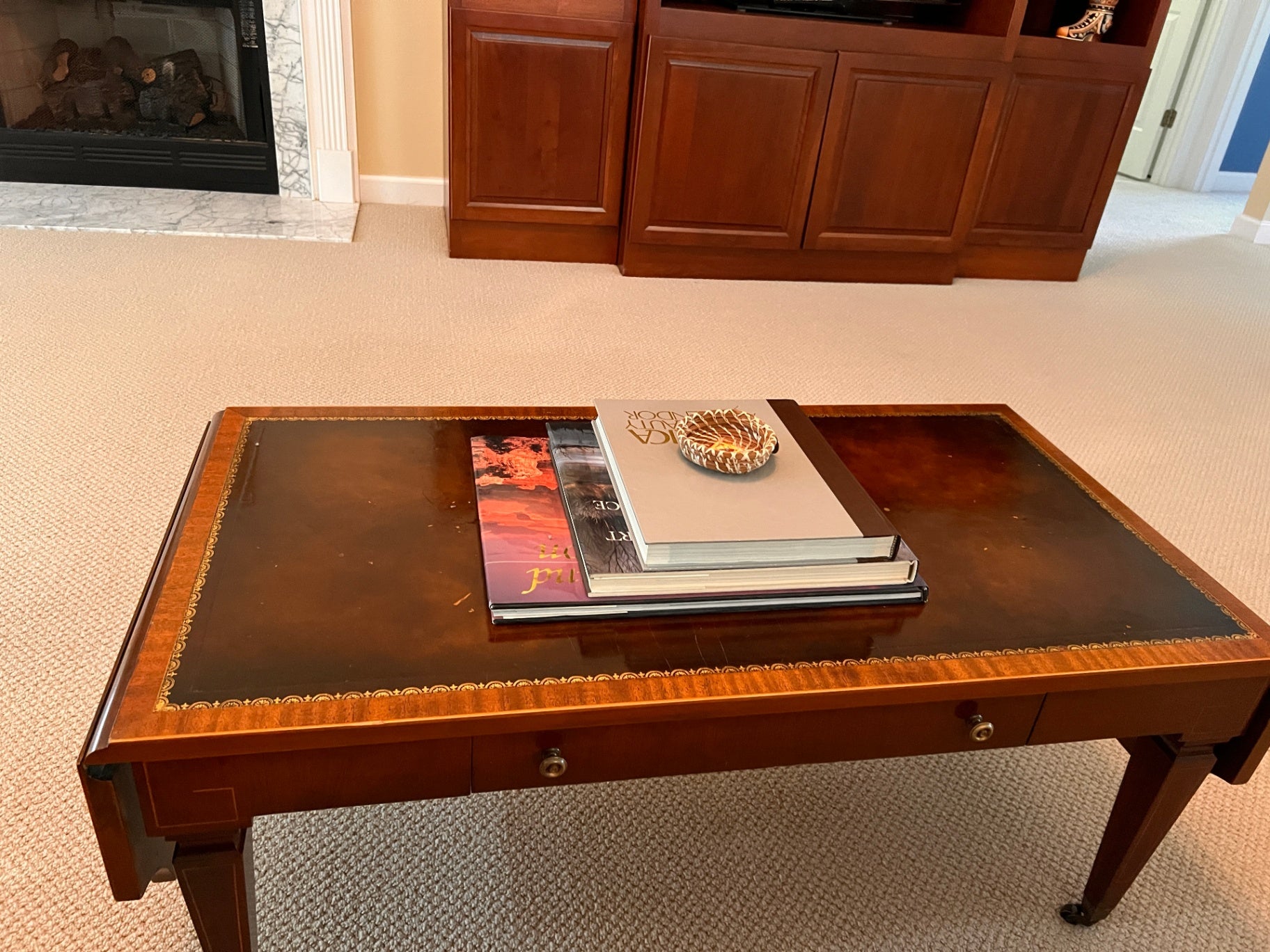Leather-Top Coffee Table with Gold Tooling and Brass Casters