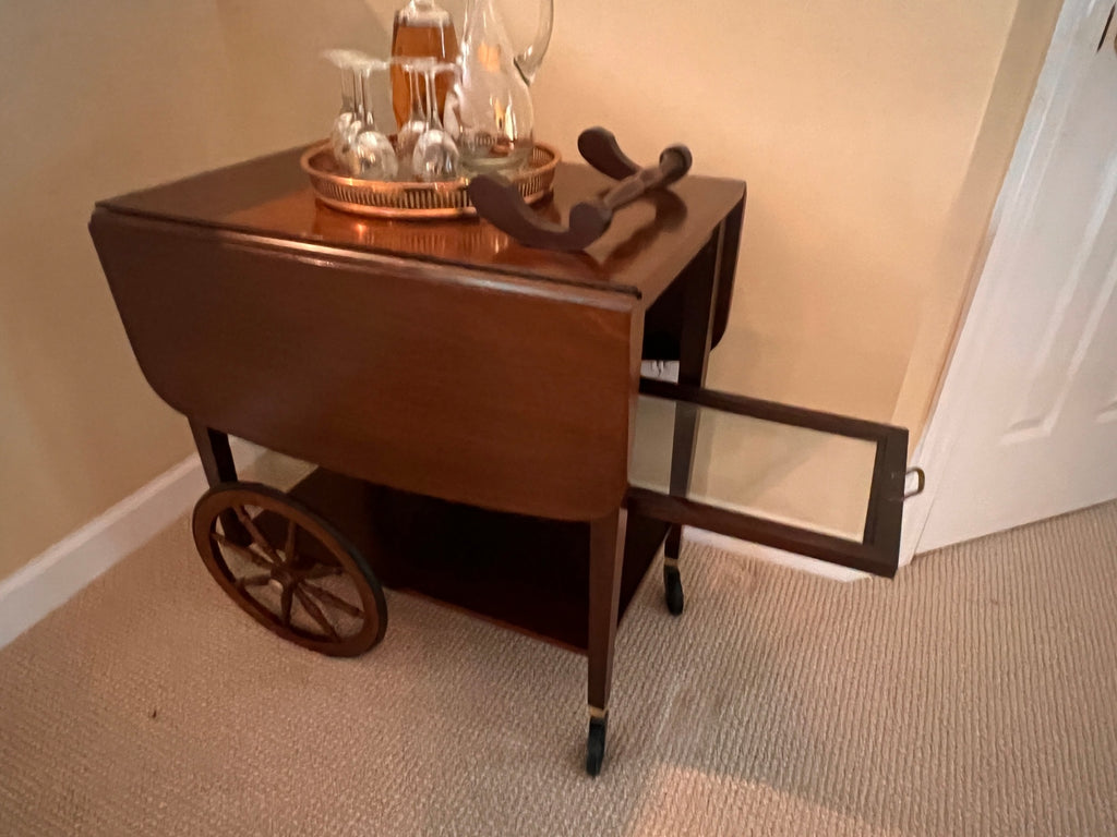 Mid-Century Wooden Drop-Leaf Bar Cart with Spoke Wagon Wheels