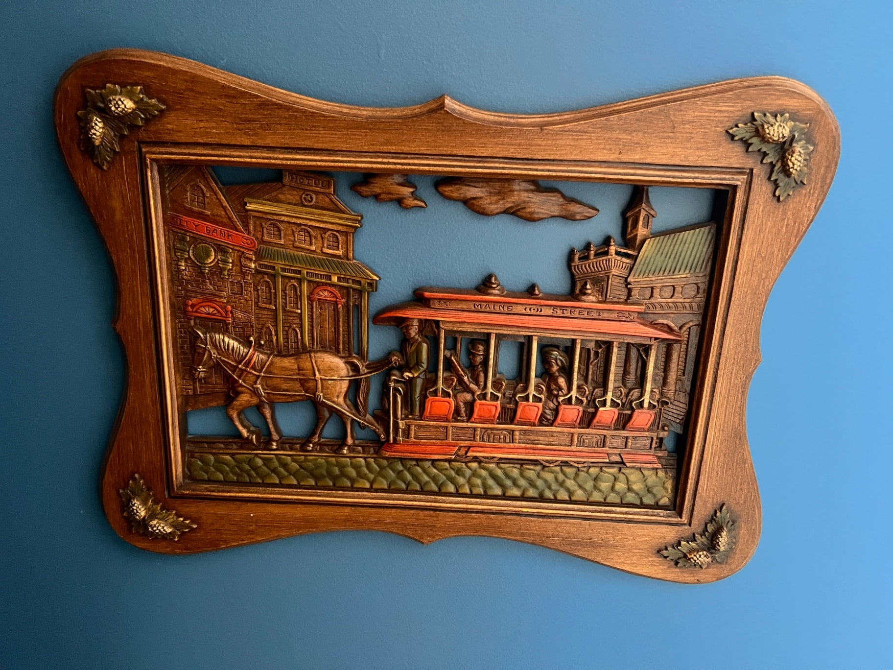 Vintage Burwood “Main Street Horse-Drawn Streetcar” Wall Plaque (USA, 1970s–80s)