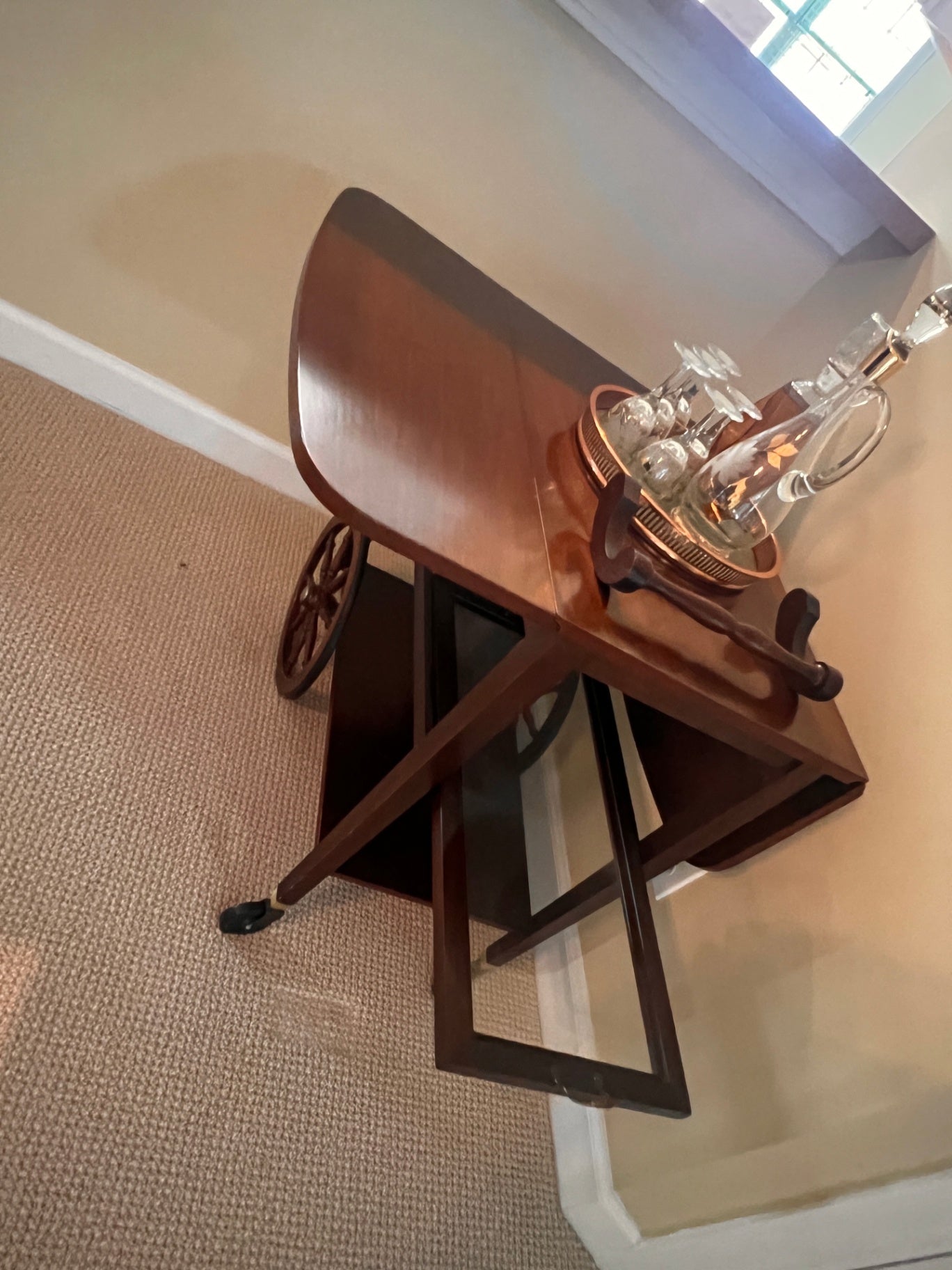 Mid-Century Wooden Drop-Leaf Bar Cart with Spoke Wagon Wheels