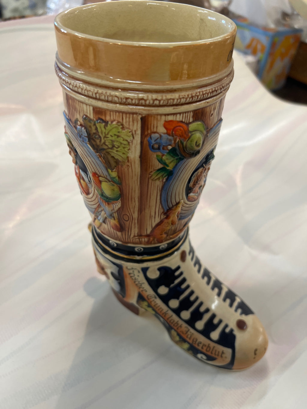 Vintage German Beer Boot Stein – “Goldberg Germany 1966” – Hand-Painted Ceramic Bierstiefel