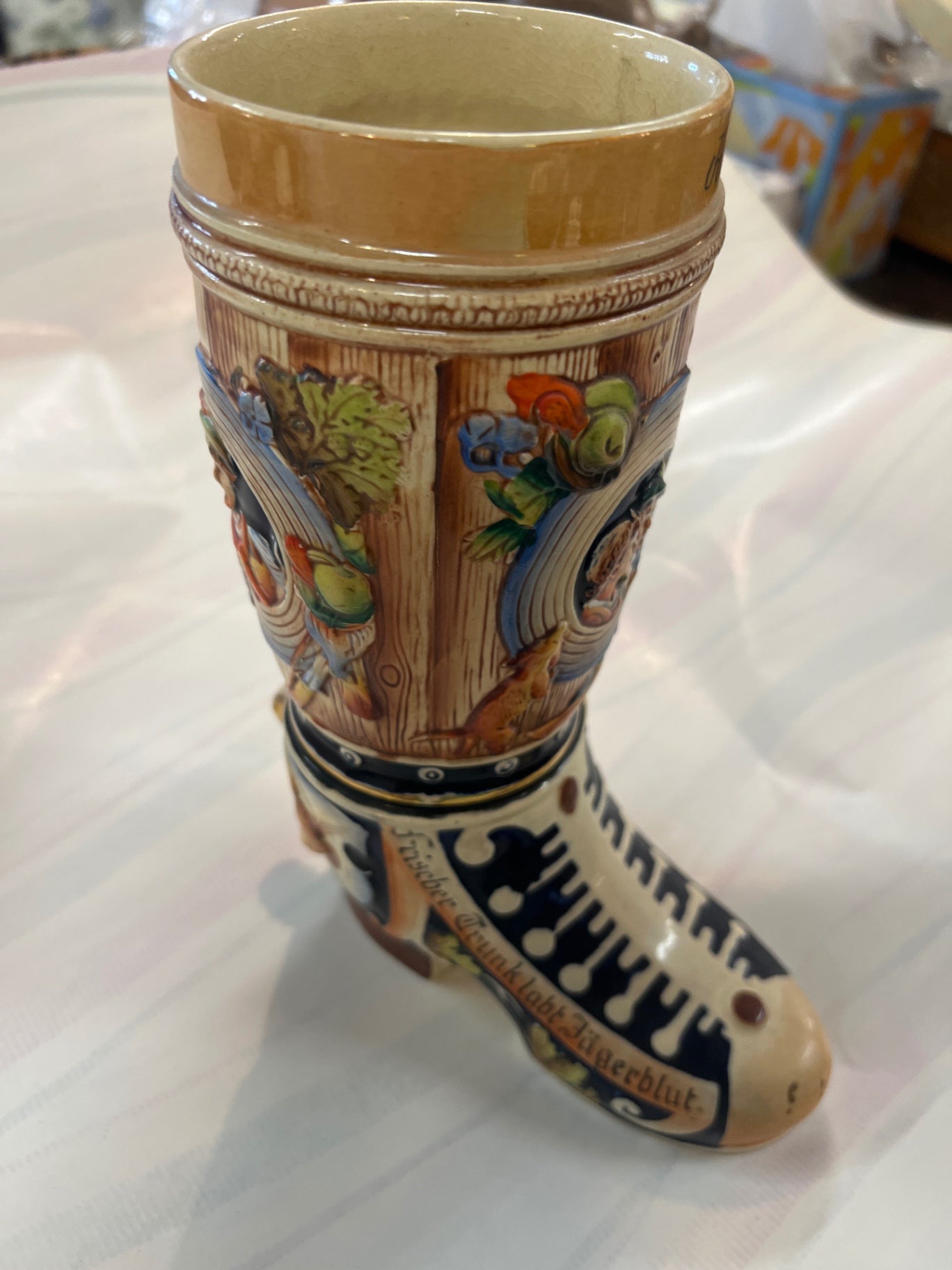 Vintage German Beer Boot Stein – “Goldberg Germany 1966” – Hand-Painted Ceramic Bierstiefel