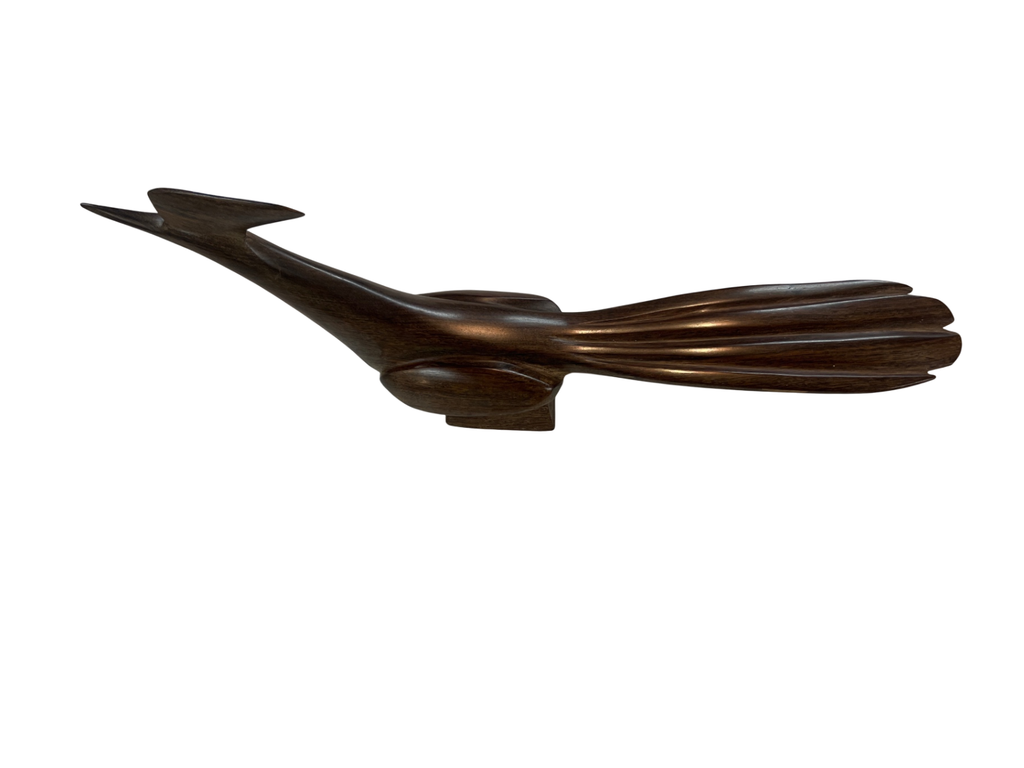 Large 18” Mid-Century Modern Wooden Roadrunner Sculpture – Hand-Carved MCM Walnut Bird Figurine