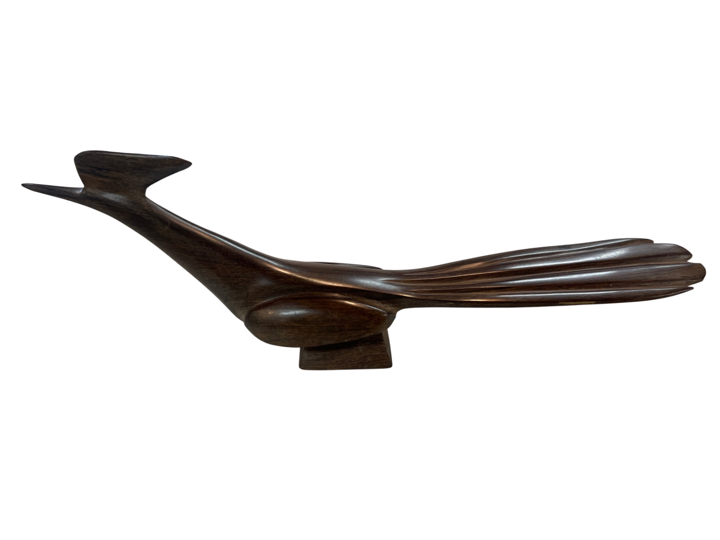 Large 18” Mid-Century Modern Wooden Roadrunner Sculpture – Hand-Carved MCM Walnut Bird Figurine