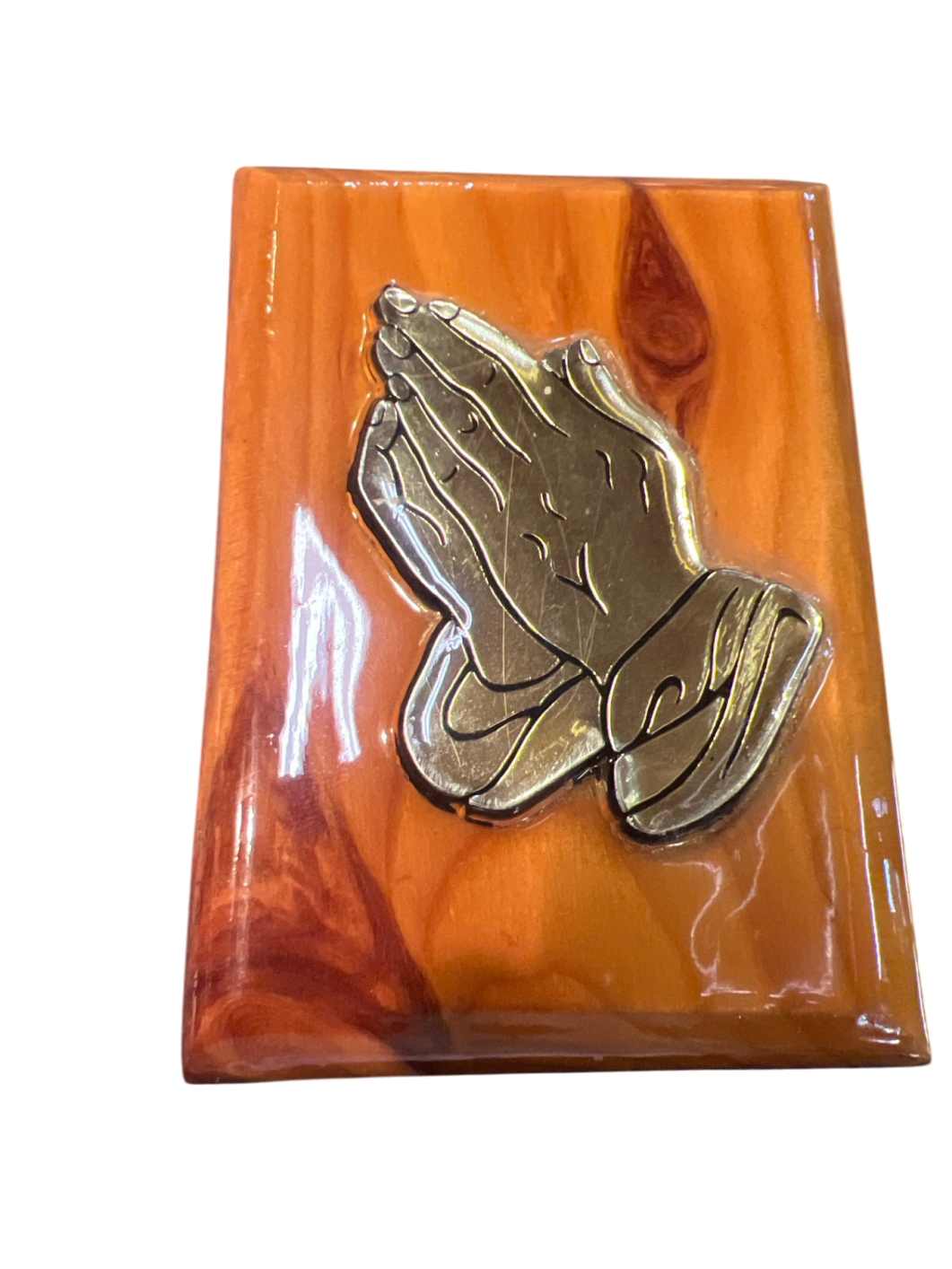 Vintage Praying Hands Wall Plaque – Glossy Wood Finish with Raised Metal Accent