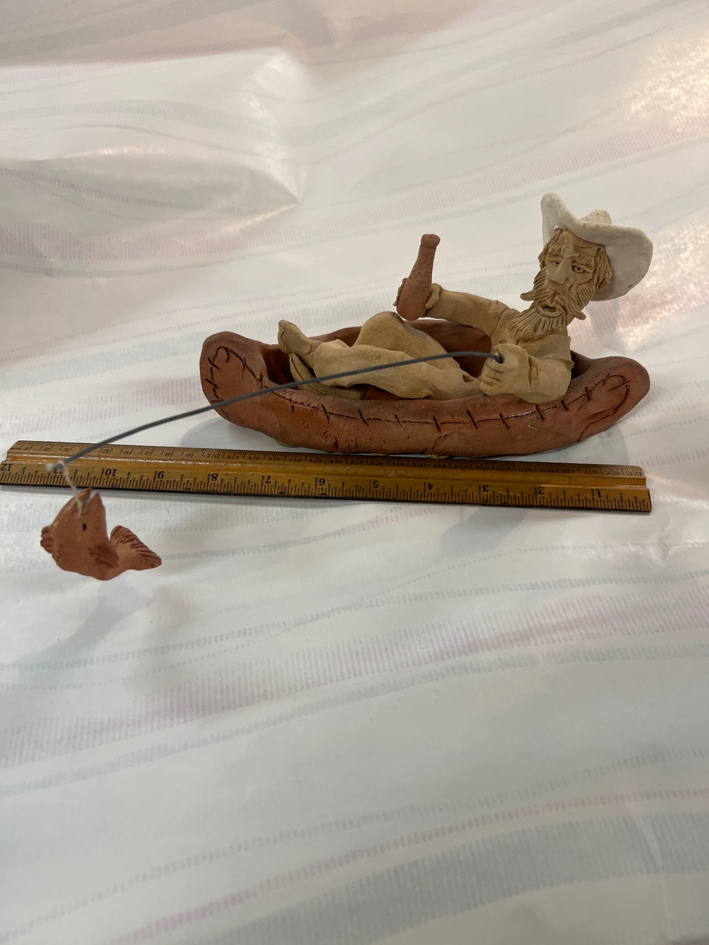 Vintage Schoolcraft Sawdust Art Cowboy Figurine – 9” Canoe Fisherman with Beer – Schoolcraft Folk Style
