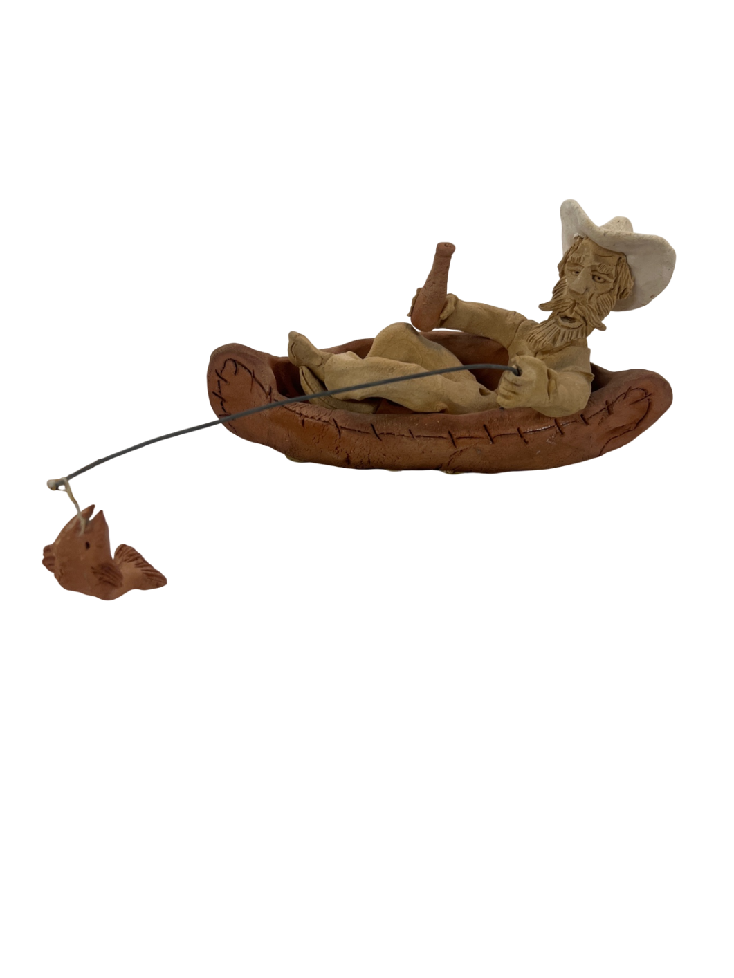 Vintage Schoolcraft Sawdust Art Cowboy Figurine – 9” Canoe Fisherman with Beer – Schoolcraft Folk Style