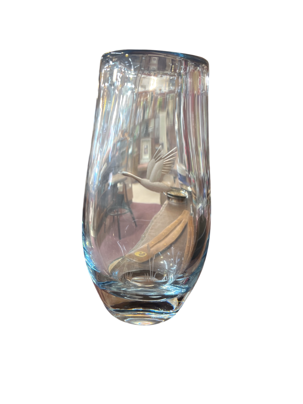 Vintage 9” Blue Crystal Vase – Etched Flying Duck – Hand-Blown Wildlife Art Glass