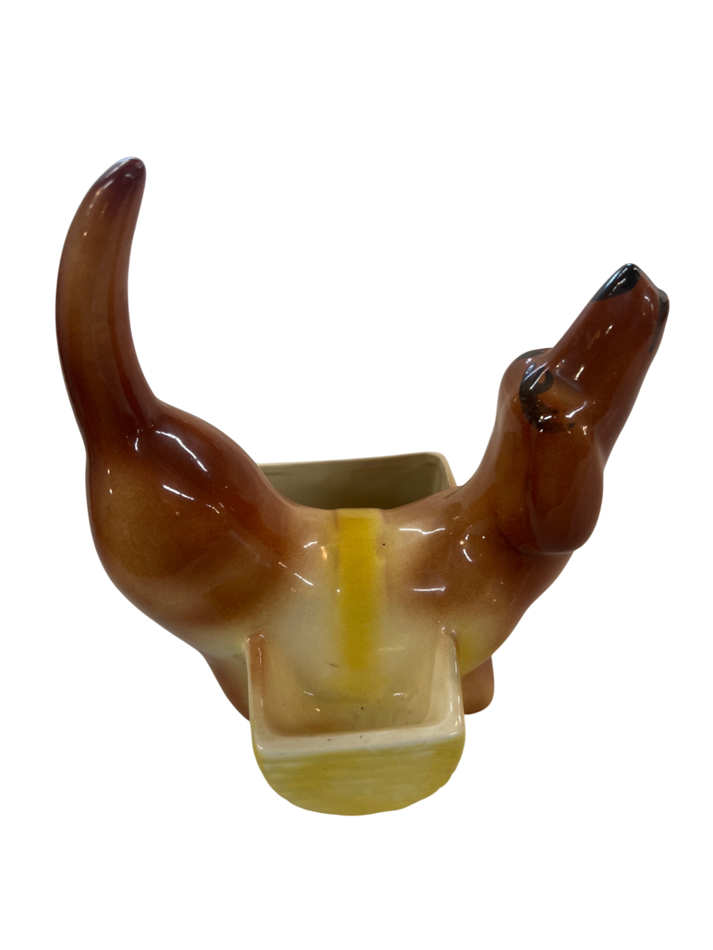 Vintage Ceramic Dog Planter – Mid-Century Yellow & Brown Glazed Pottery – Retro Kitsch Decor