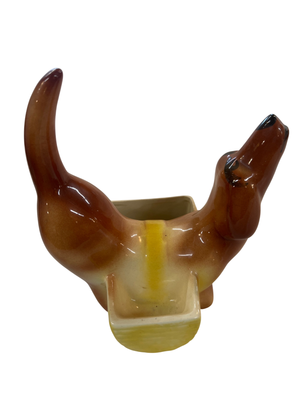 Vintage Ceramic Dog Planter – Mid-Century Yellow & Brown Glazed Pottery – Retro Kitsch Decor