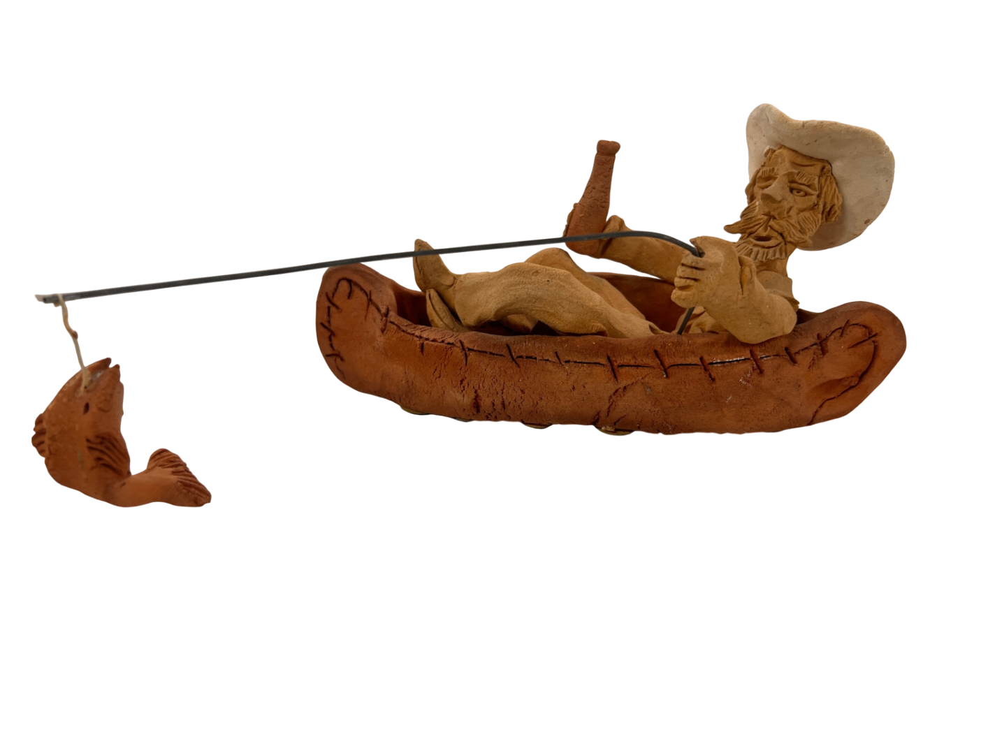 Vintage Schoolcraft Sawdust Art Cowboy Figurine – 9” Canoe Fisherman with Beer – Schoolcraft Folk Style