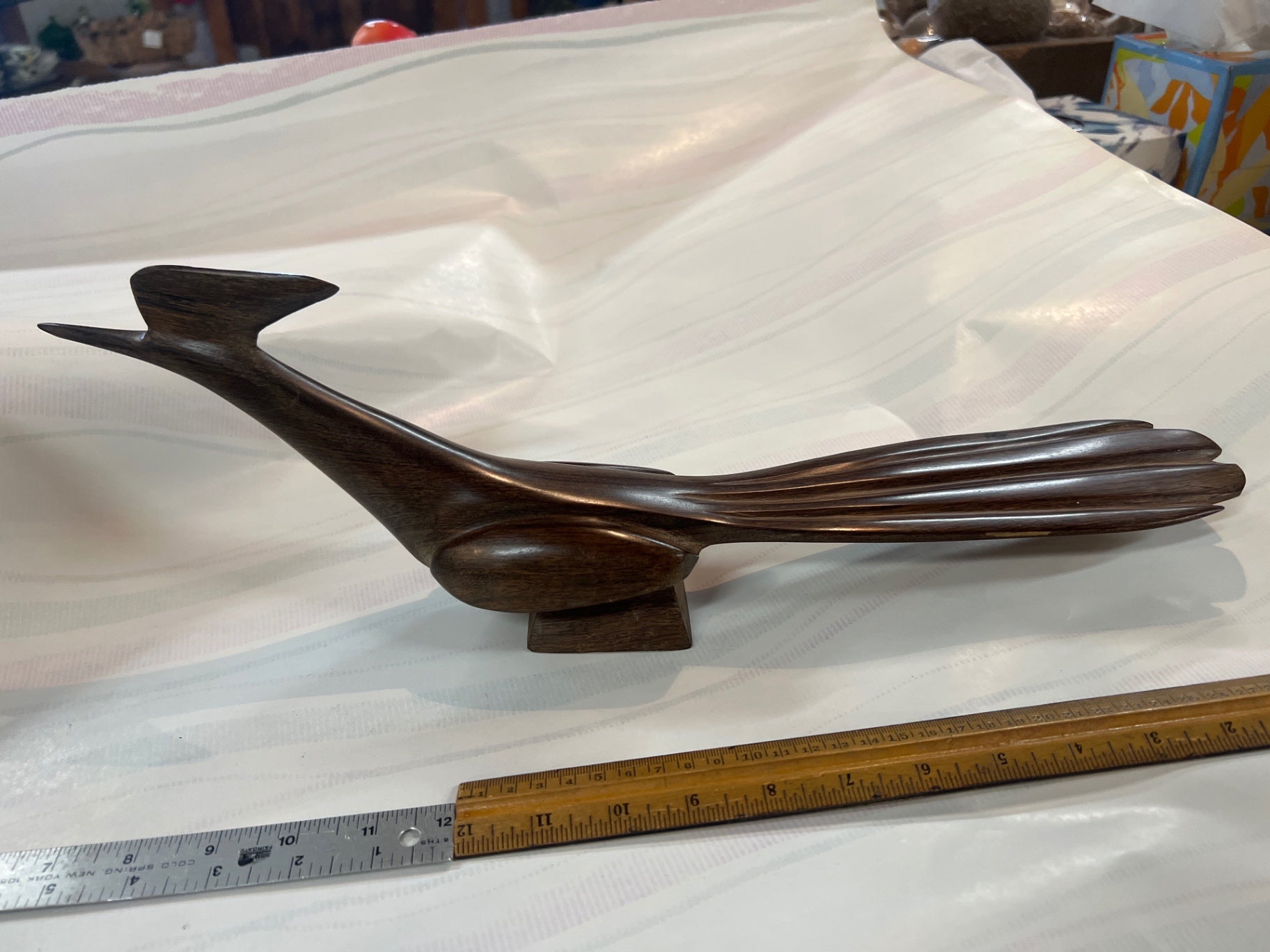 Large 18” Mid-Century Modern Wooden Roadrunner Sculpture – Hand-Carved MCM Walnut Bird Figurine