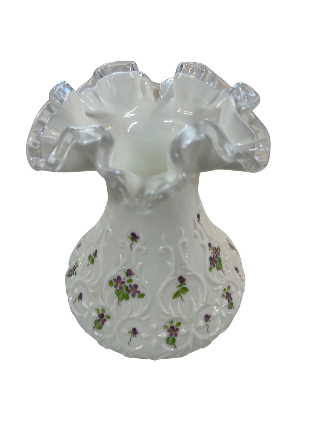 Vintage F. Stevens Milk Glass Vase – Ruffled Edge with Hand-Painted Violets – Decorative Floral Relief