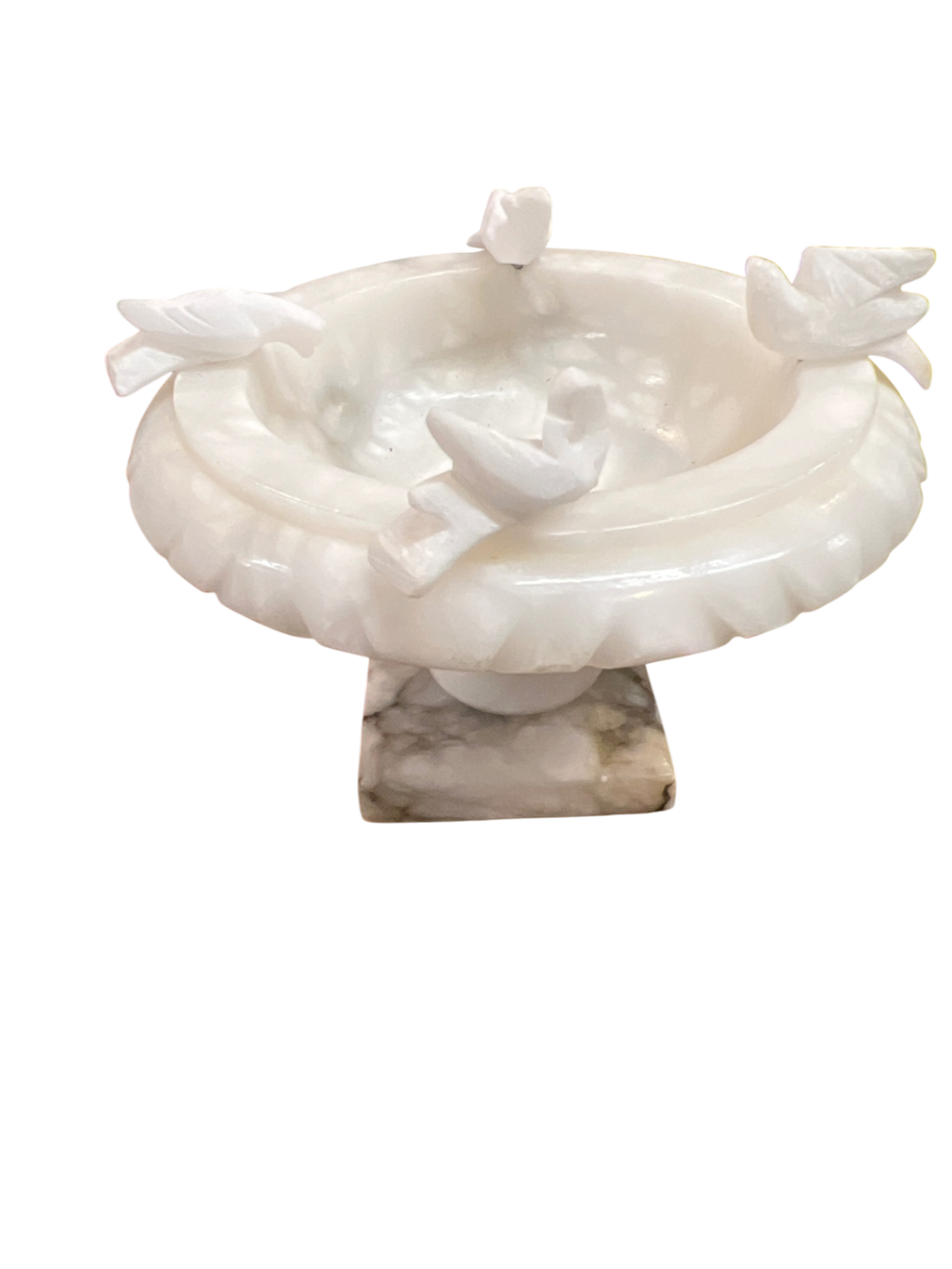 Vintage Alabaster Marble Bird Bath Sculpture – 4 Hand-Carved Birds on Pedestal – Decorative Stone Figurine
