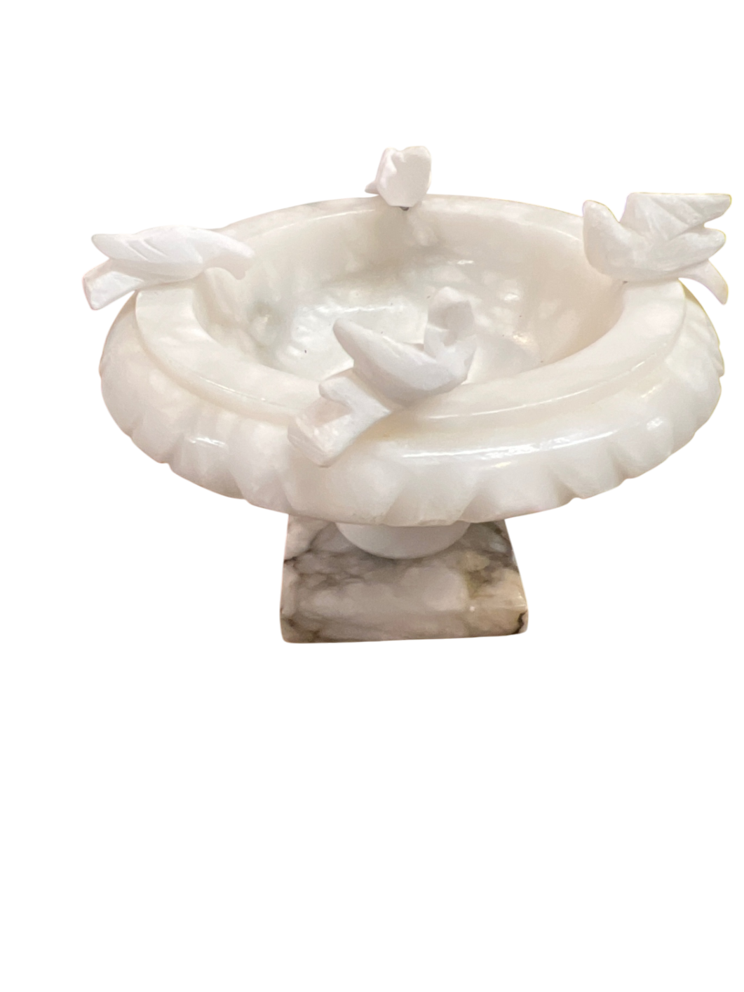 Vintage Alabaster Marble Bird Bath Sculpture – 4 Hand-Carved Birds on Pedestal – Decorative Stone Figurine