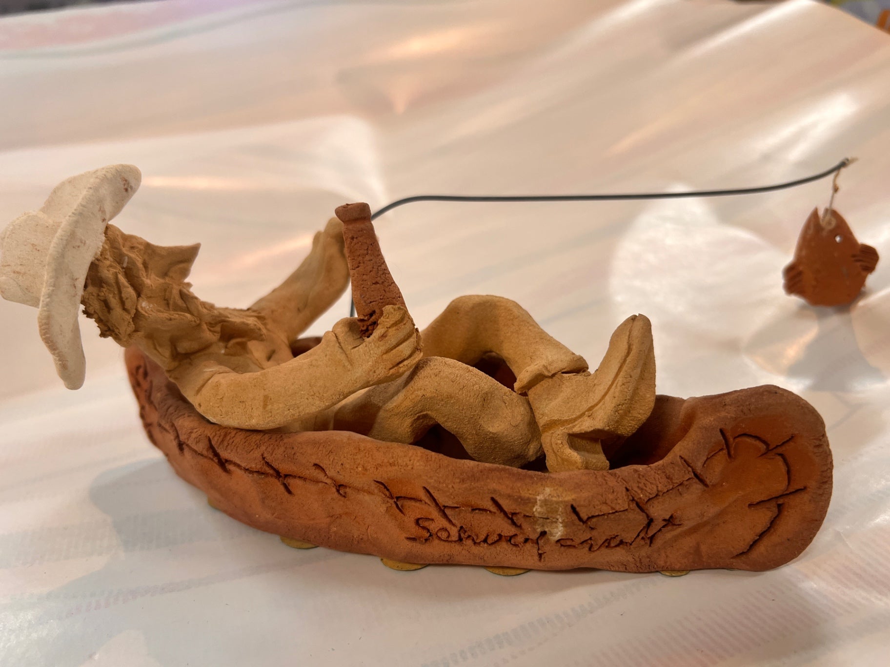 Vintage Schoolcraft Sawdust Art Cowboy Figurine – 9” Canoe Fisherman with Beer – Schoolcraft Folk Style