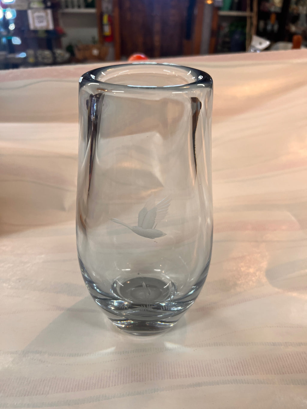 Vintage 9” Blue Crystal Vase – Etched Flying Duck – Hand-Blown Wildlife Art Glass